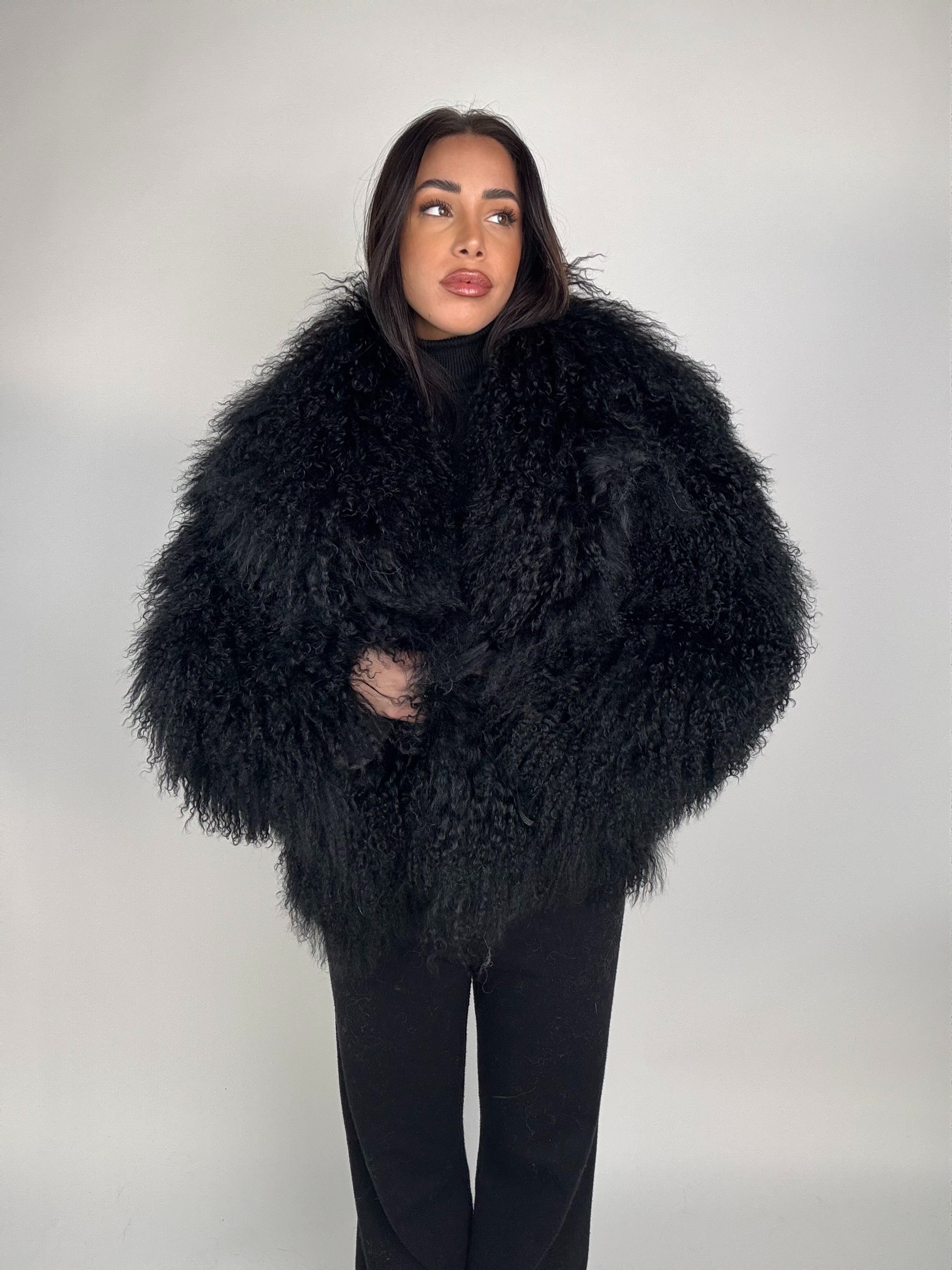Mink jacket with belt and hood