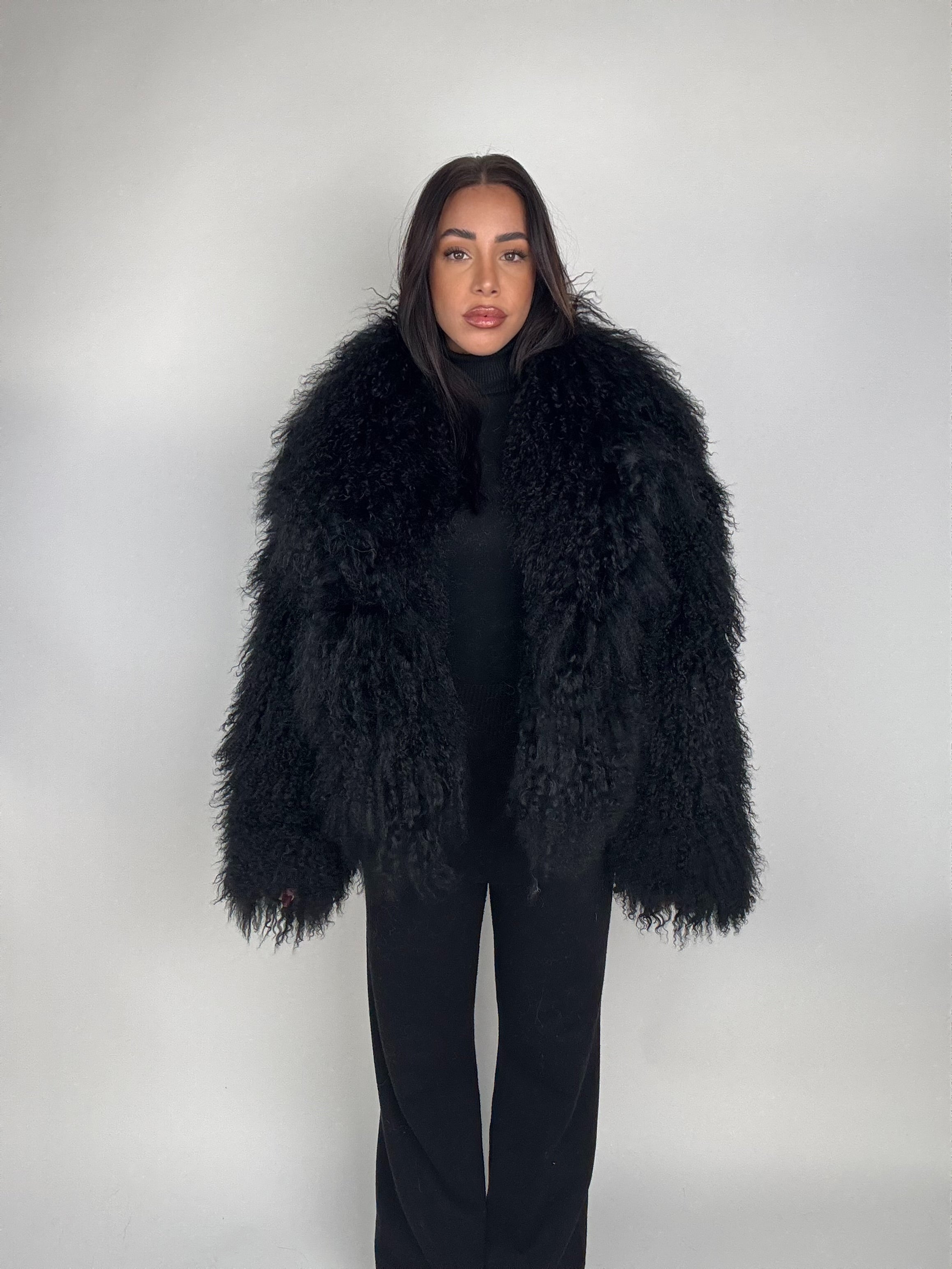 Mink jacket with belt and hood