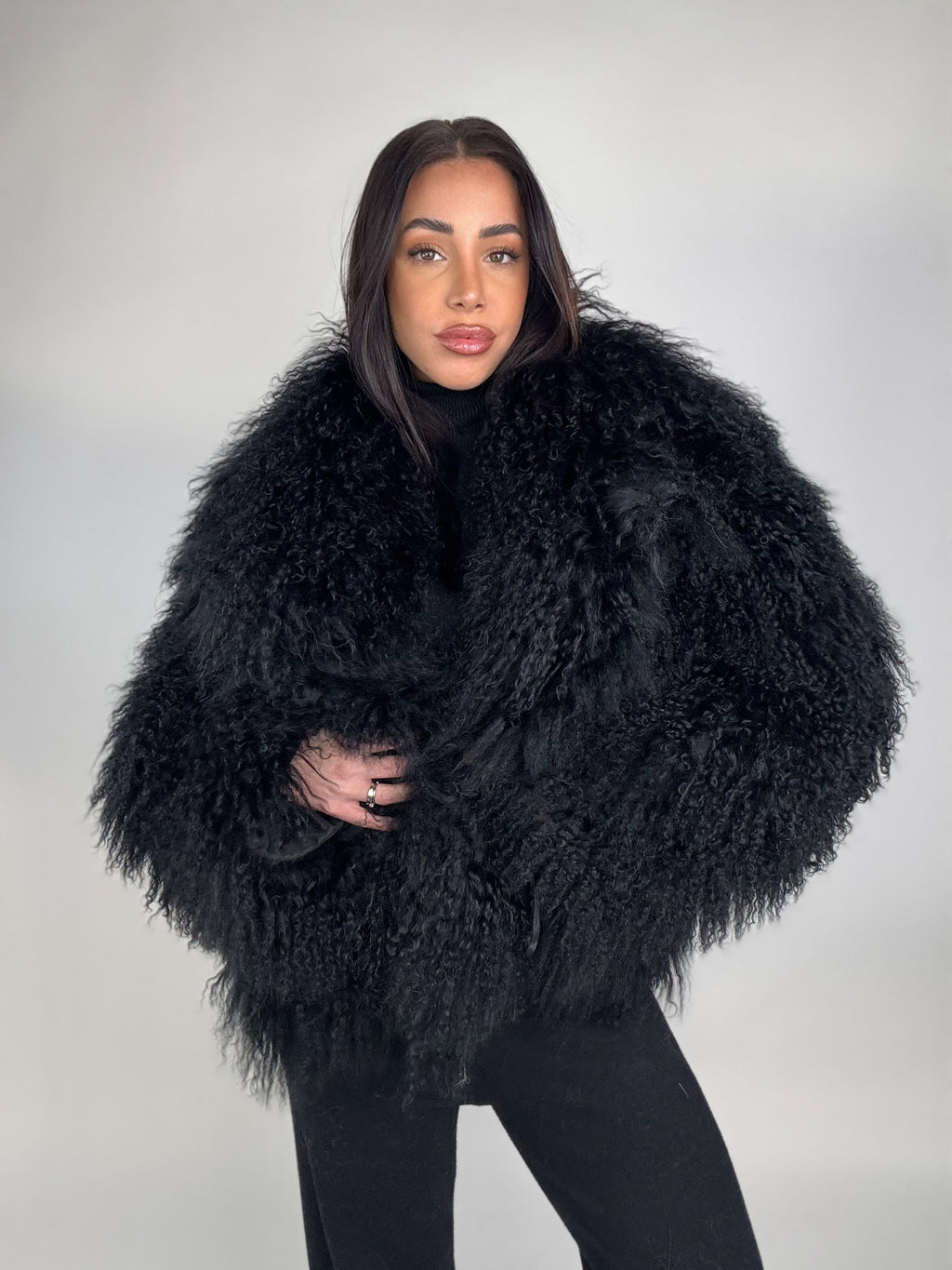 Mink jacket with belt and hood