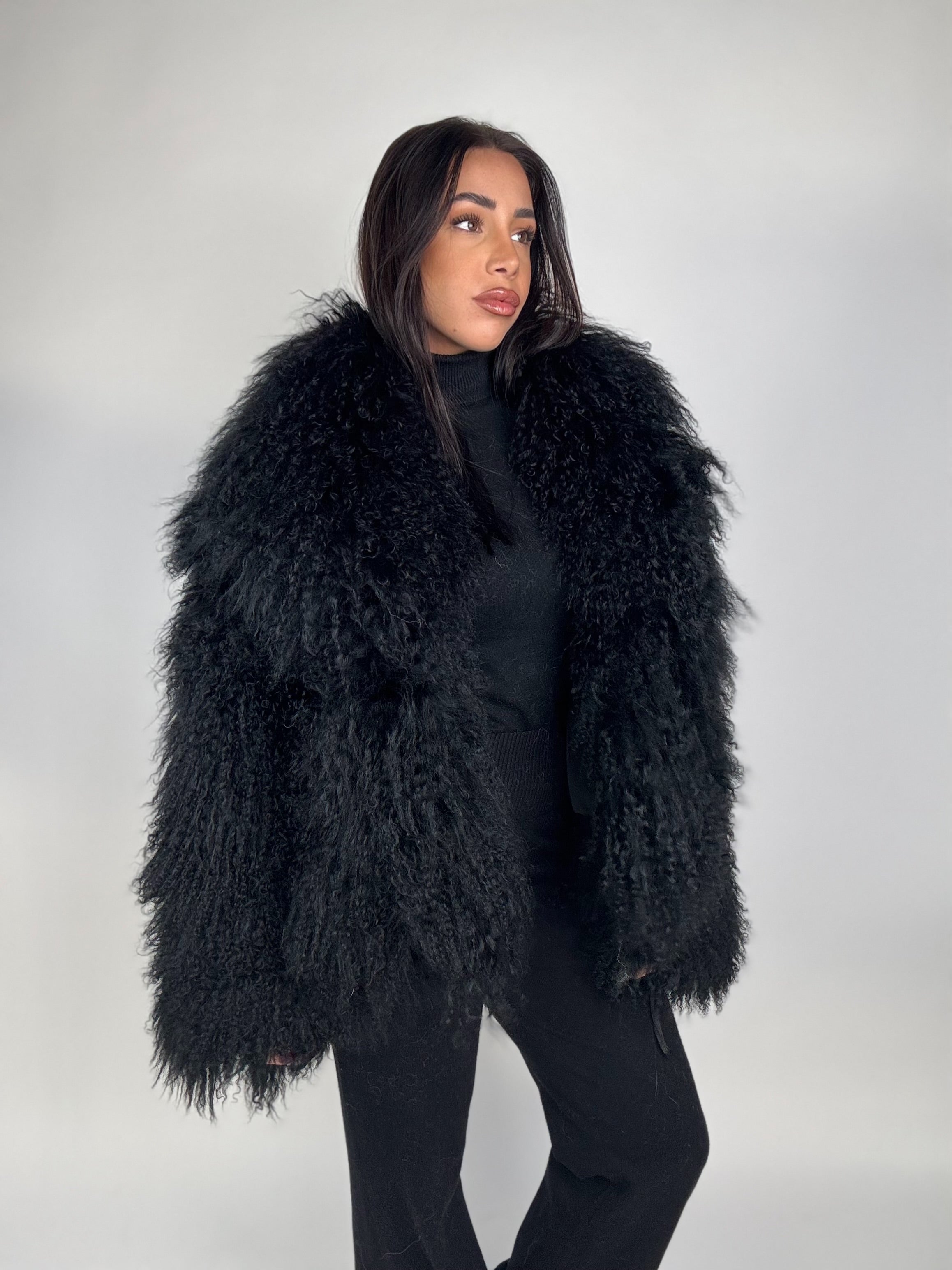 Mink jacket with belt and hood