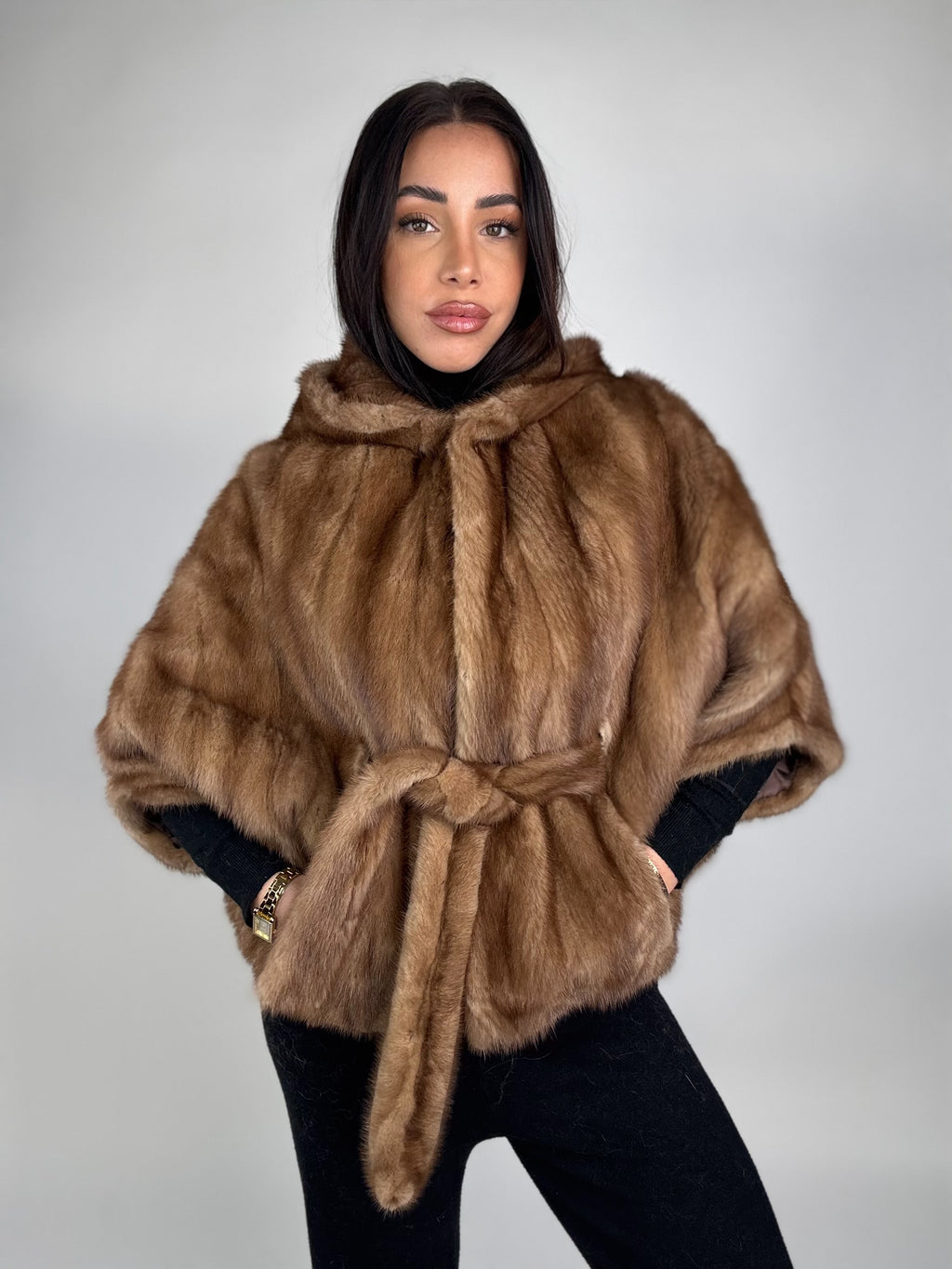 Mink jacket with belt and hood