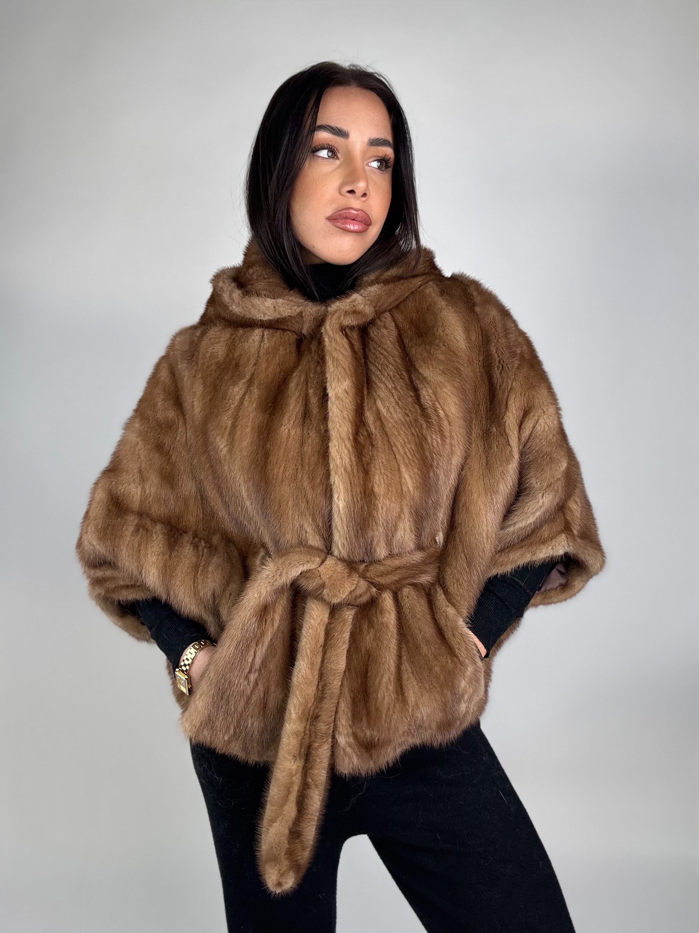Mink jacket with belt and hood