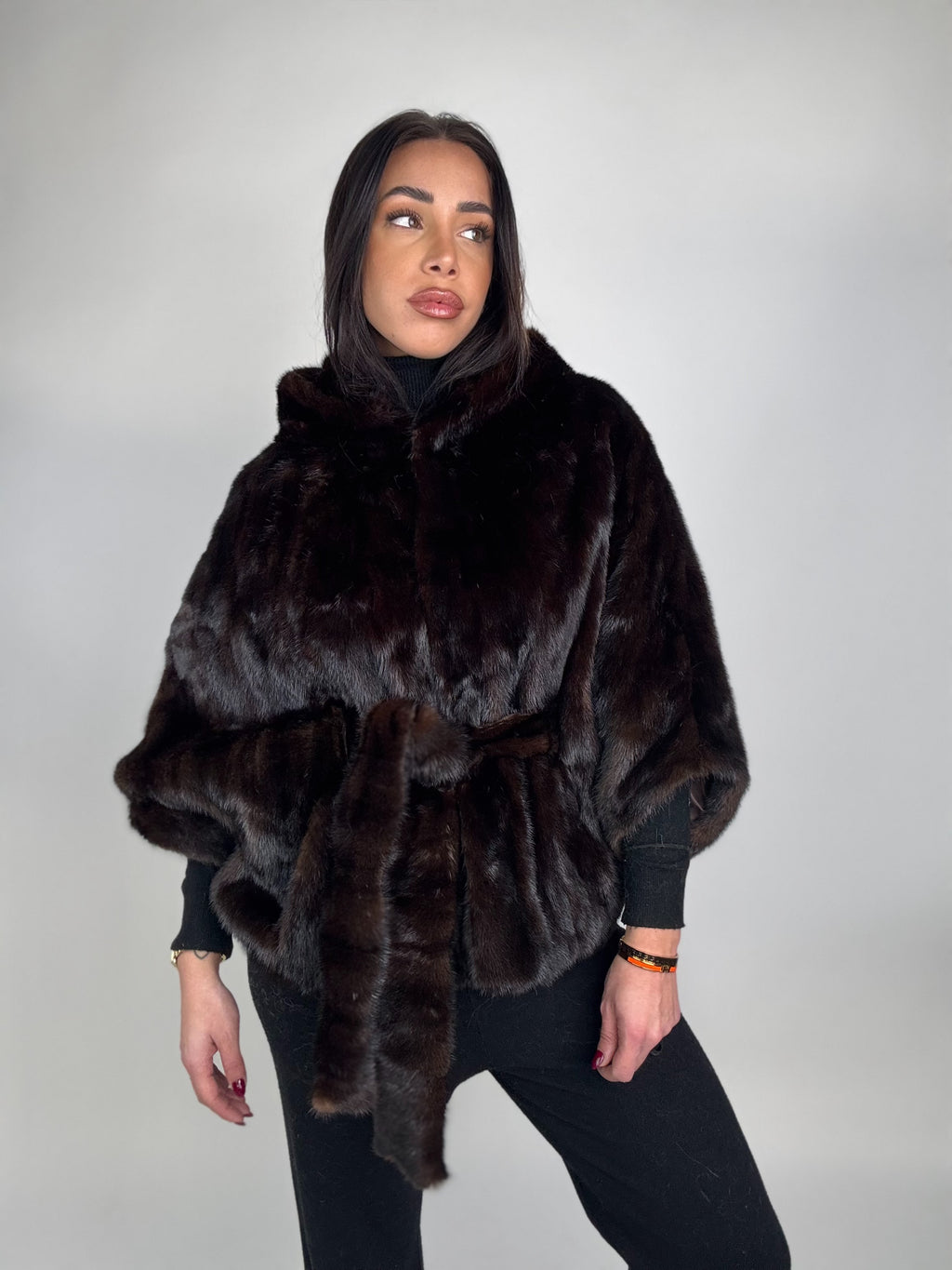 Mink jacket with belt and hood