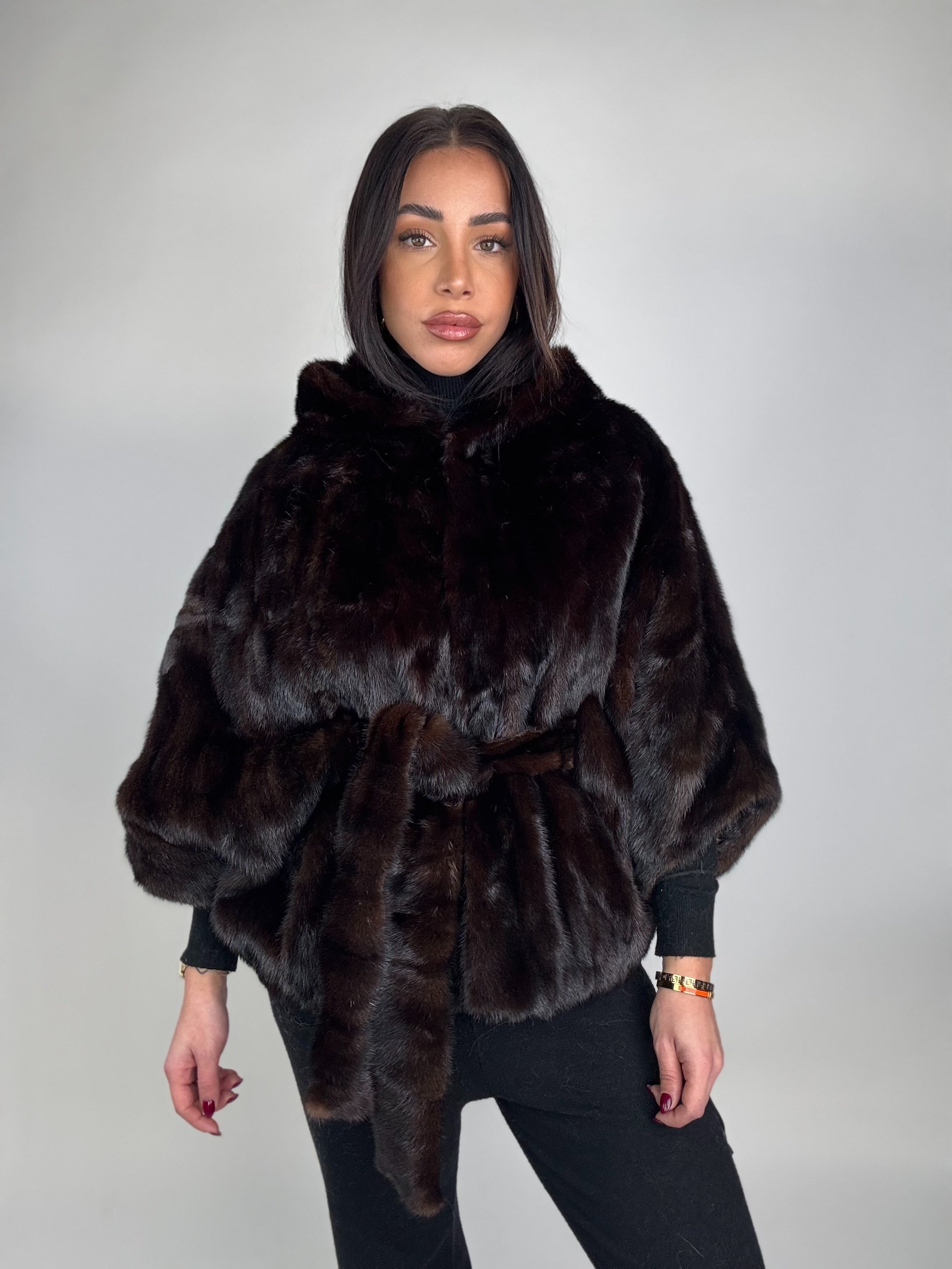 Mink jacket with belt and hood