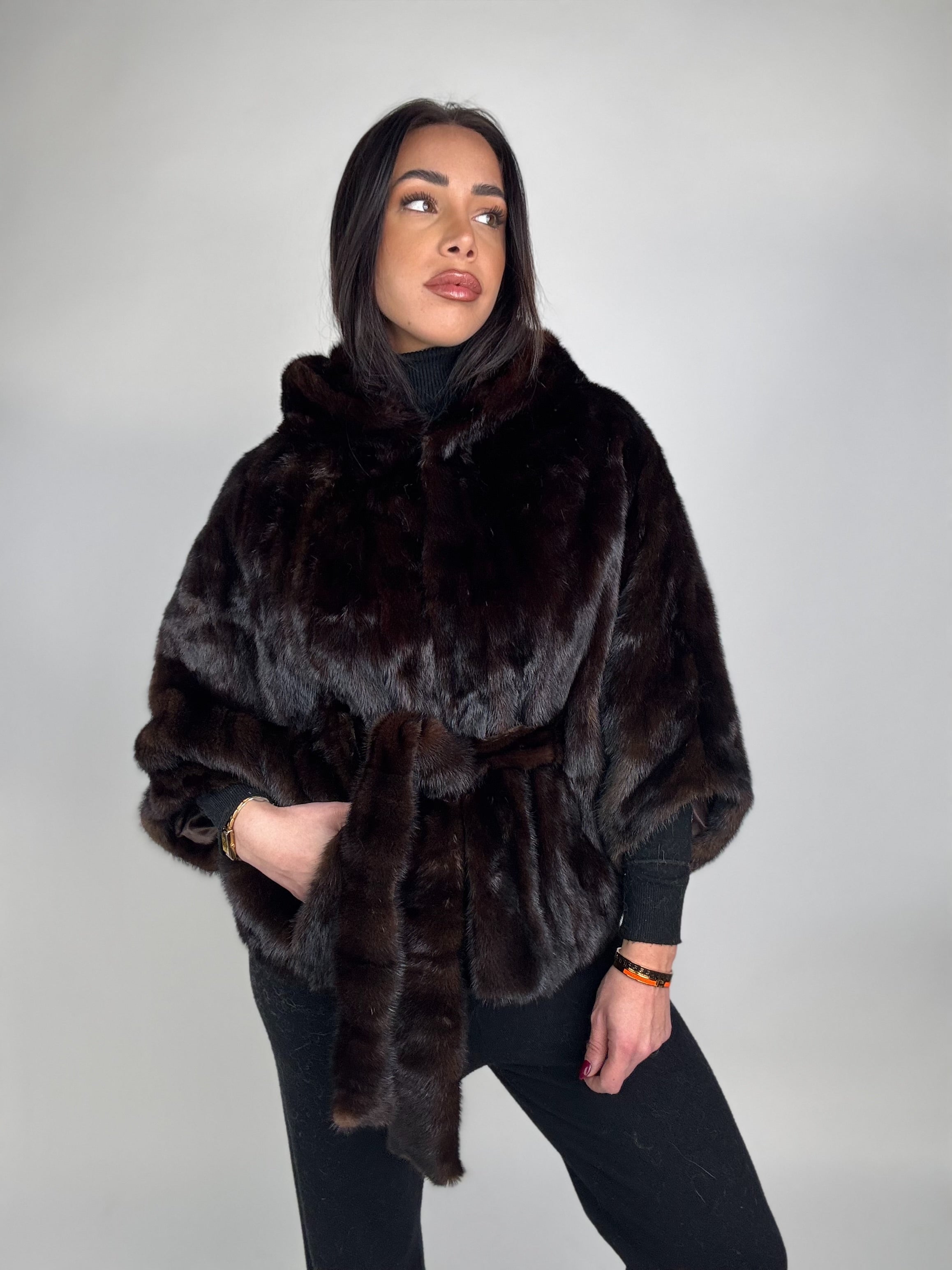 Mink jacket with belt and hood