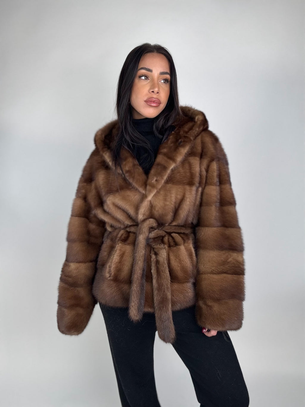 Mink jacket with belt and hood