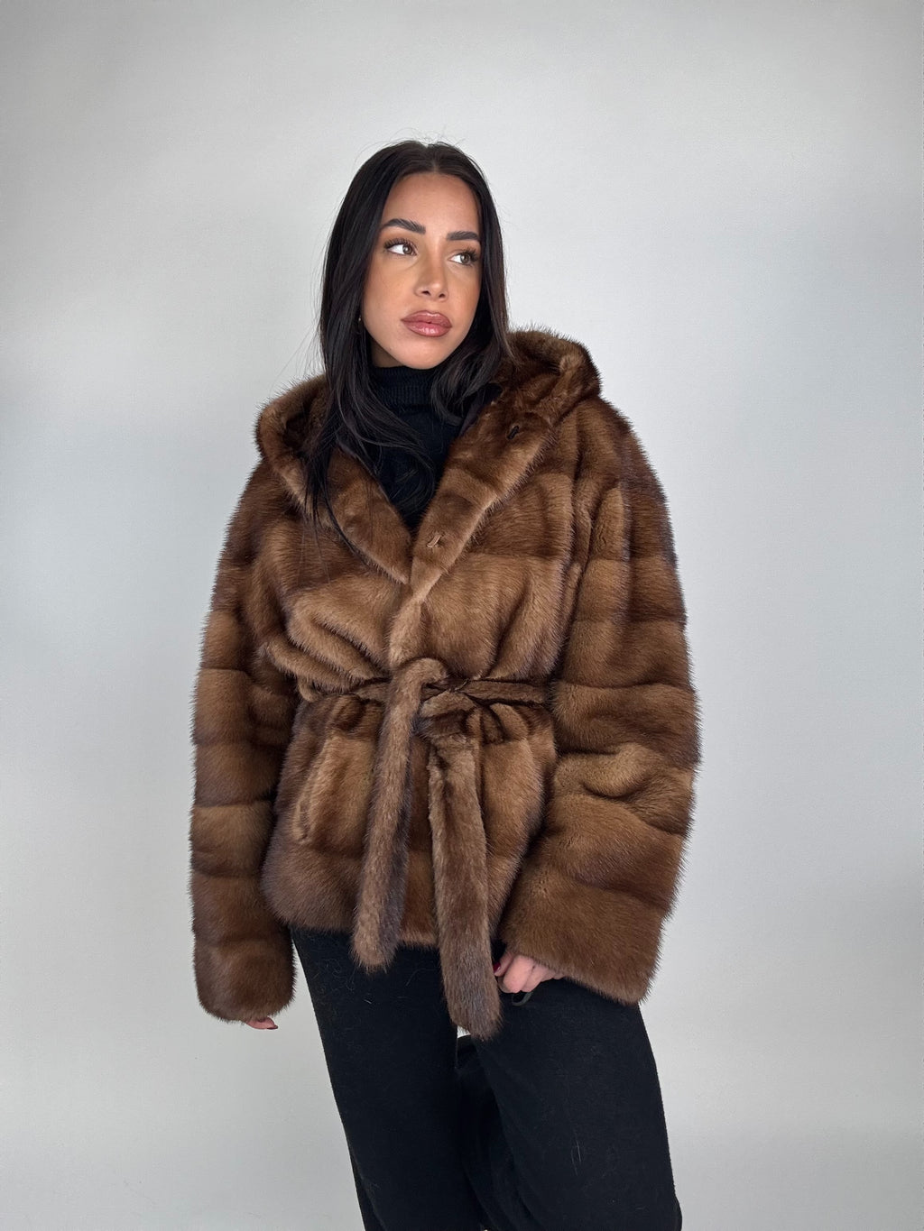 Mink jacket with belt and hood