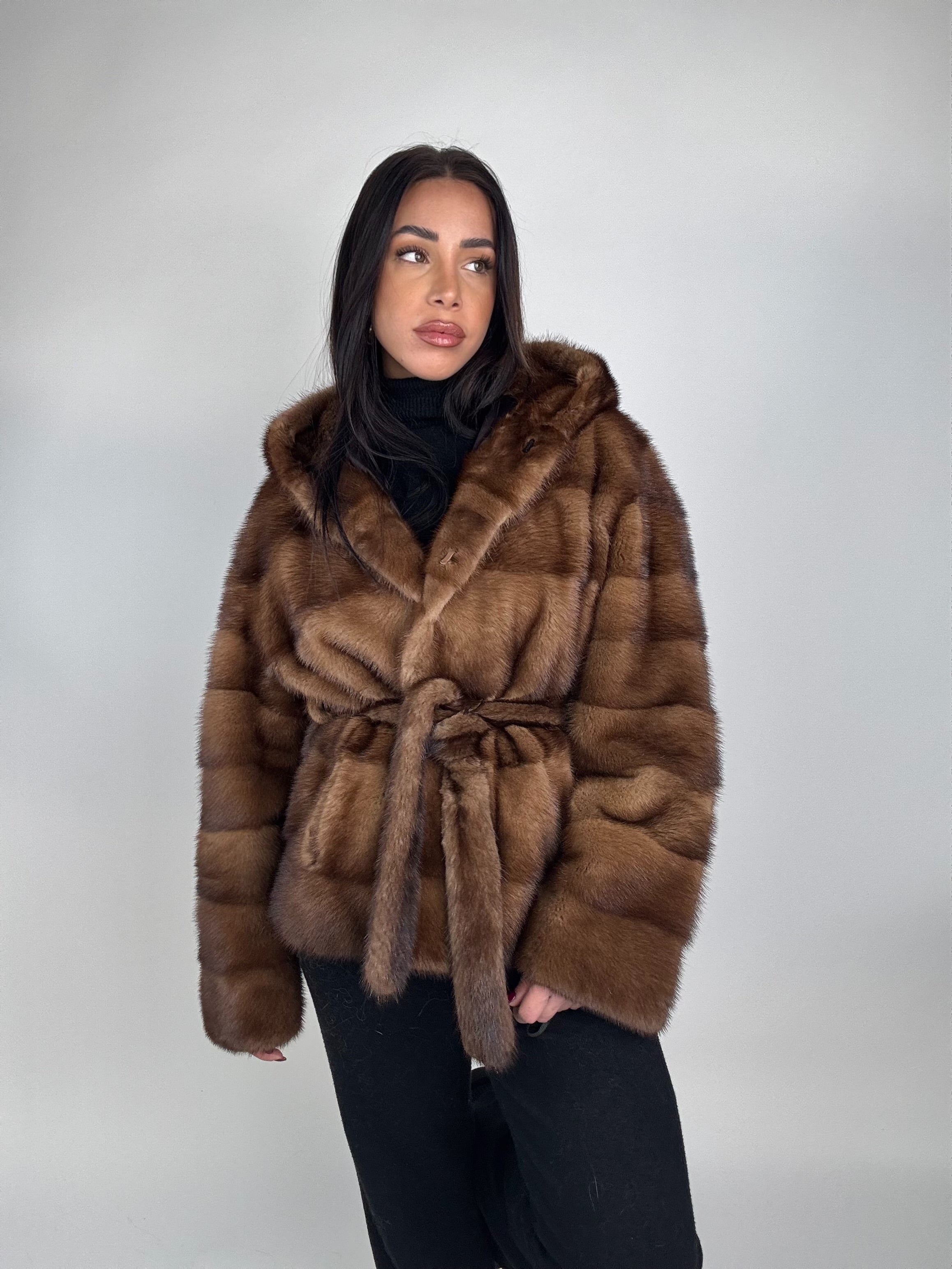 Mink jacket with belt and hood