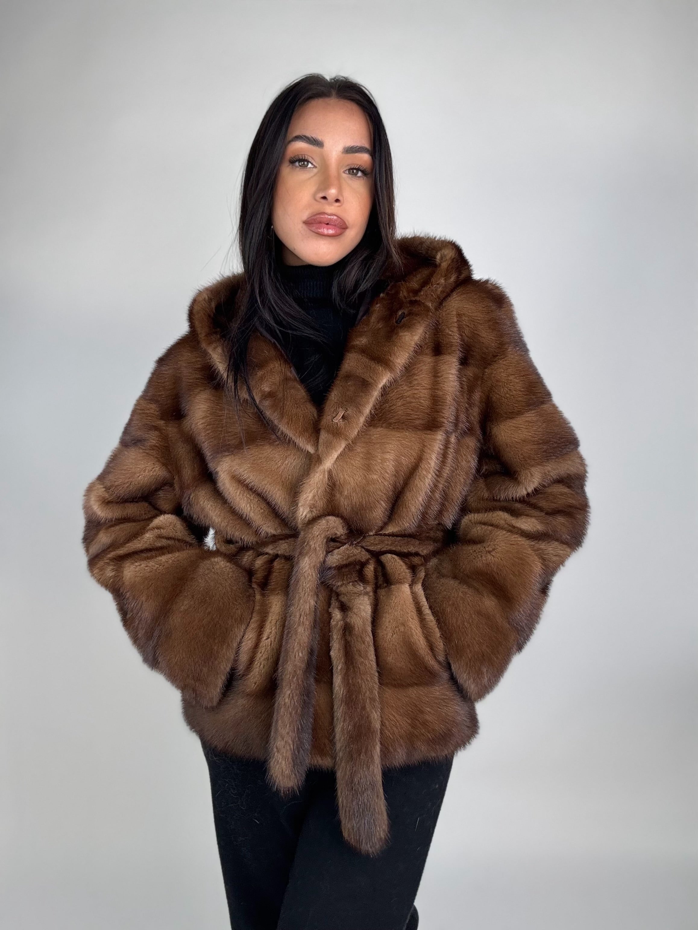 Mink jacket with belt and hood