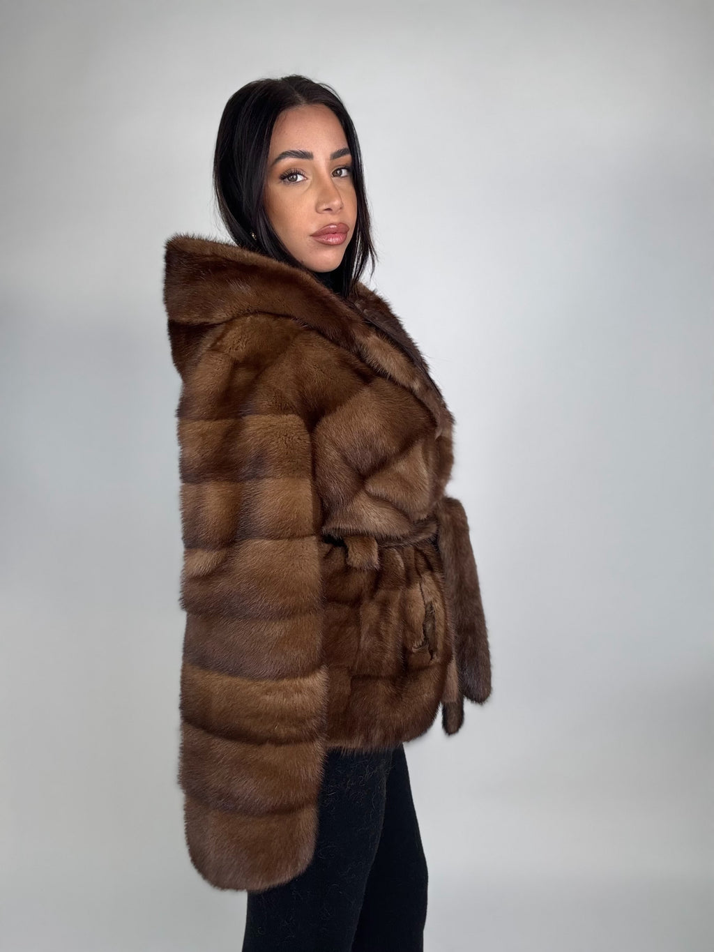 Mink jacket with belt and hood