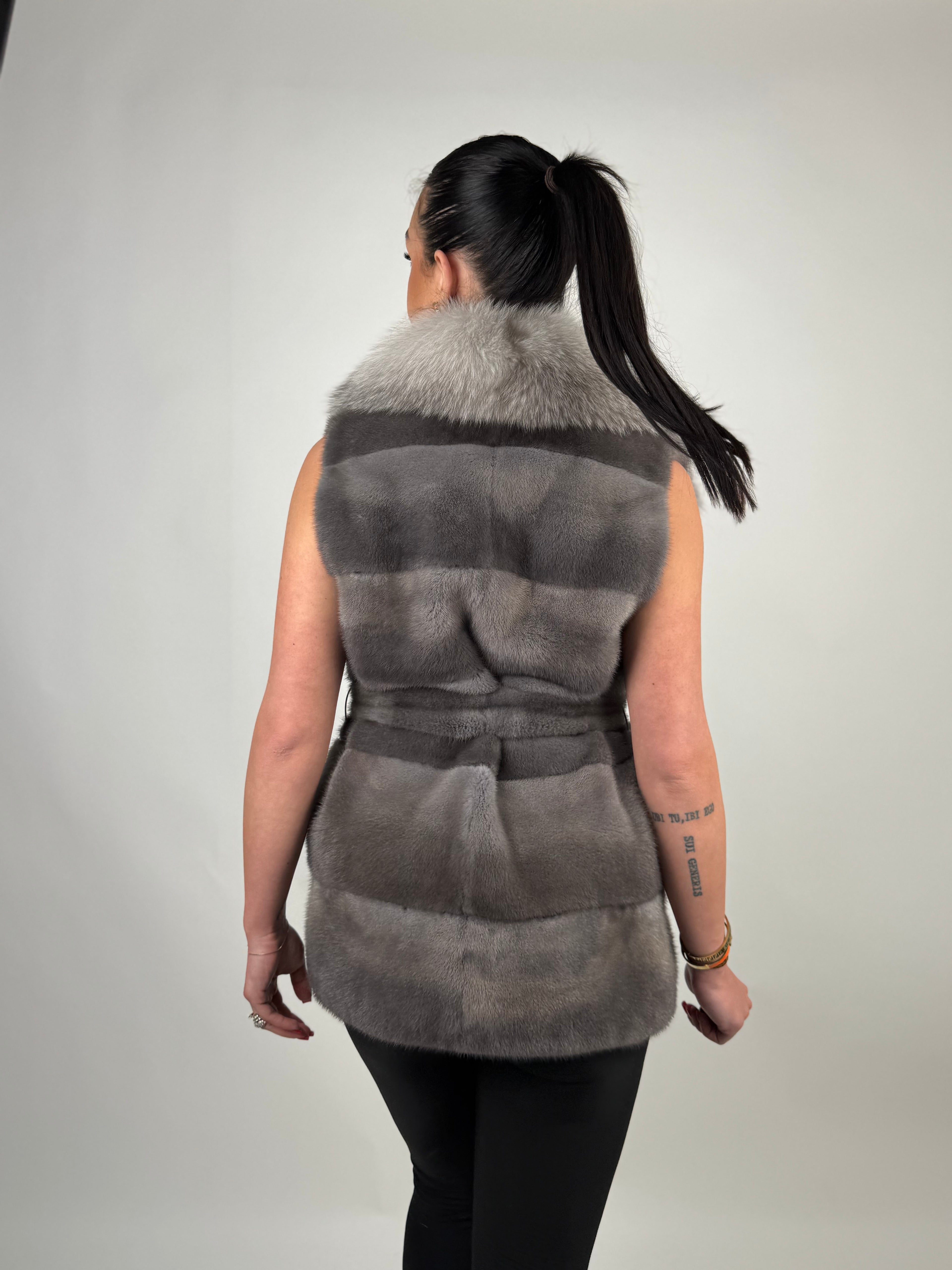 Mink jacket with belt and hood