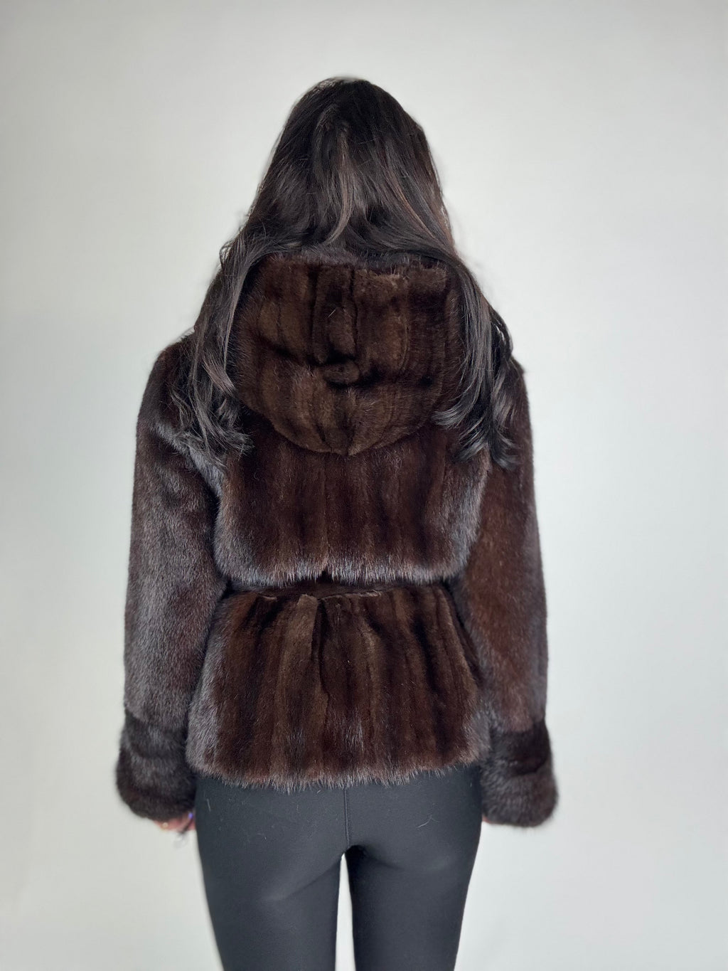 Mink jacket with belt and hood