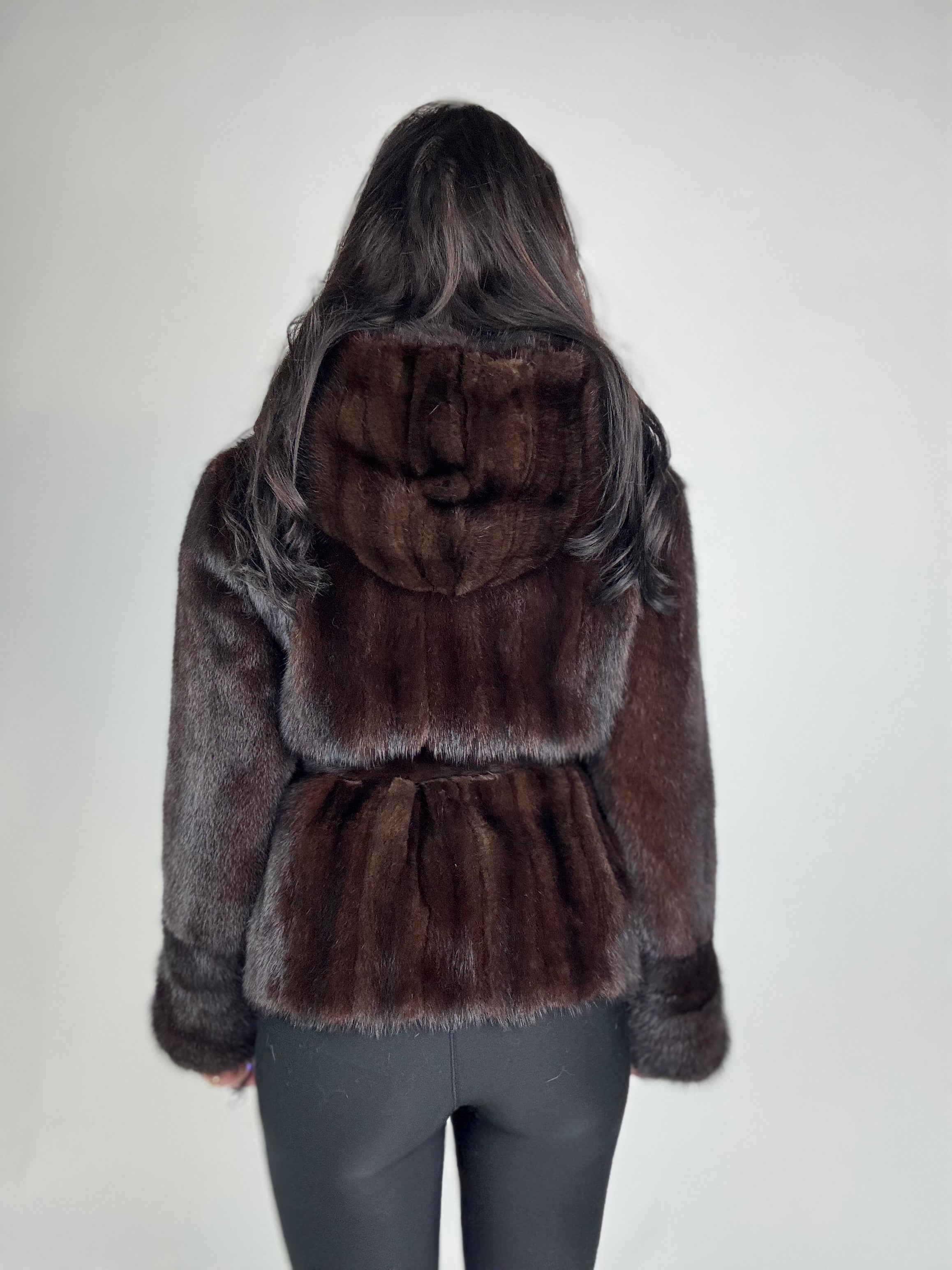 Mink jacket with belt and hood