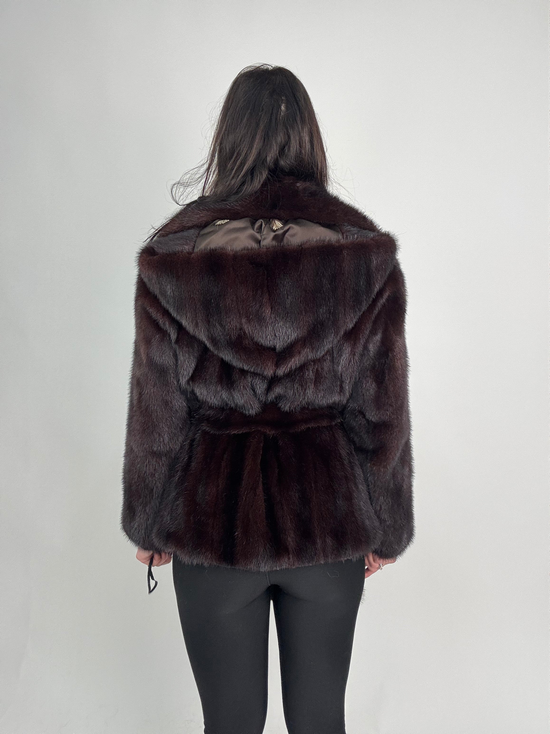 Mink jacket with belt and hood