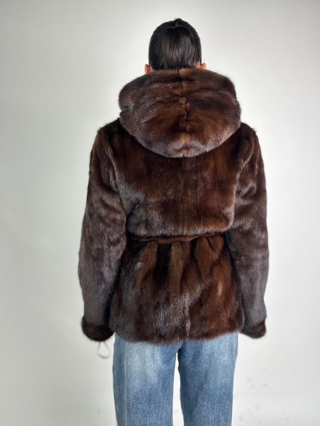 Mink jacket with belt and hood