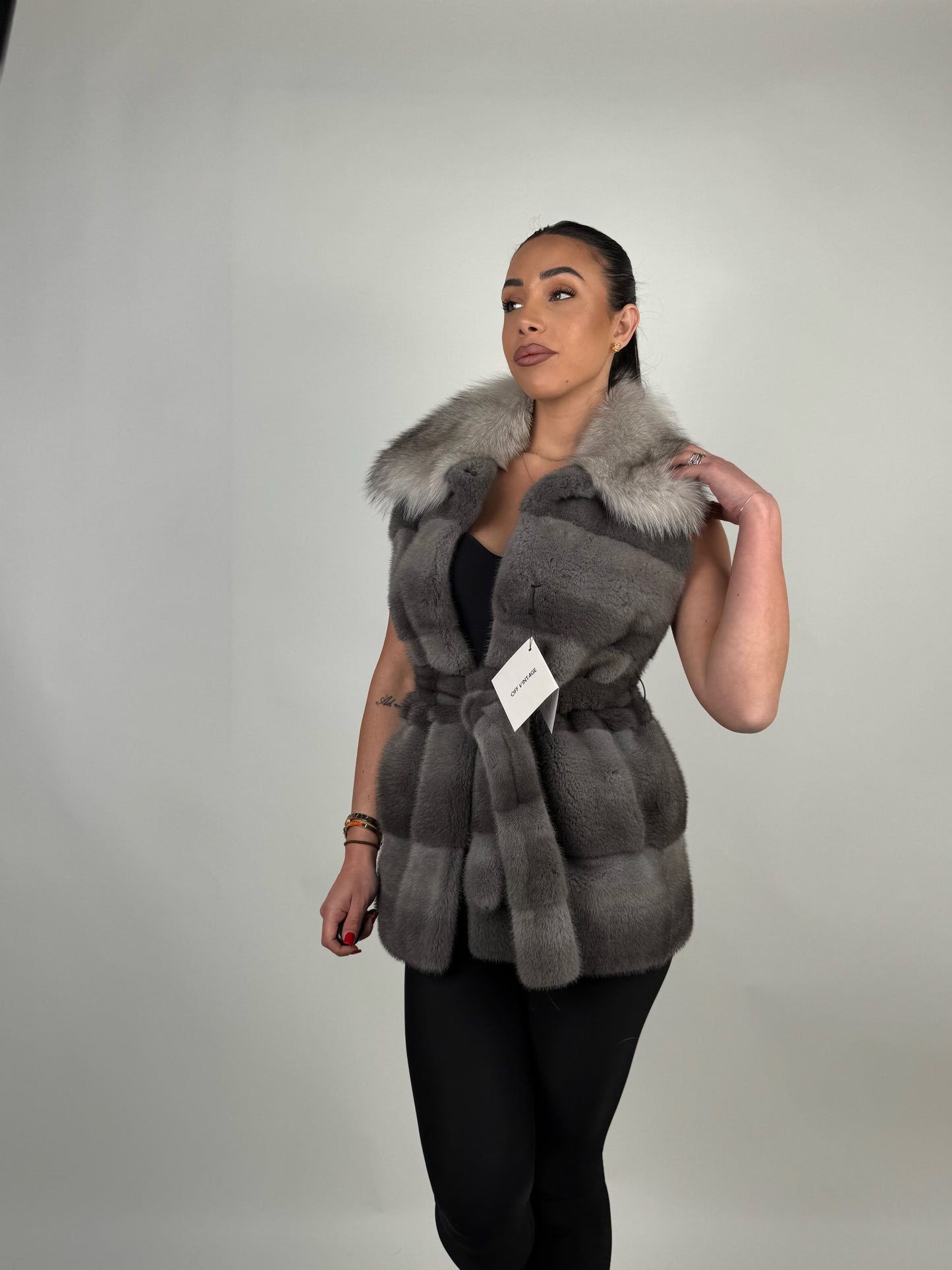 Mink jacket with belt and hood