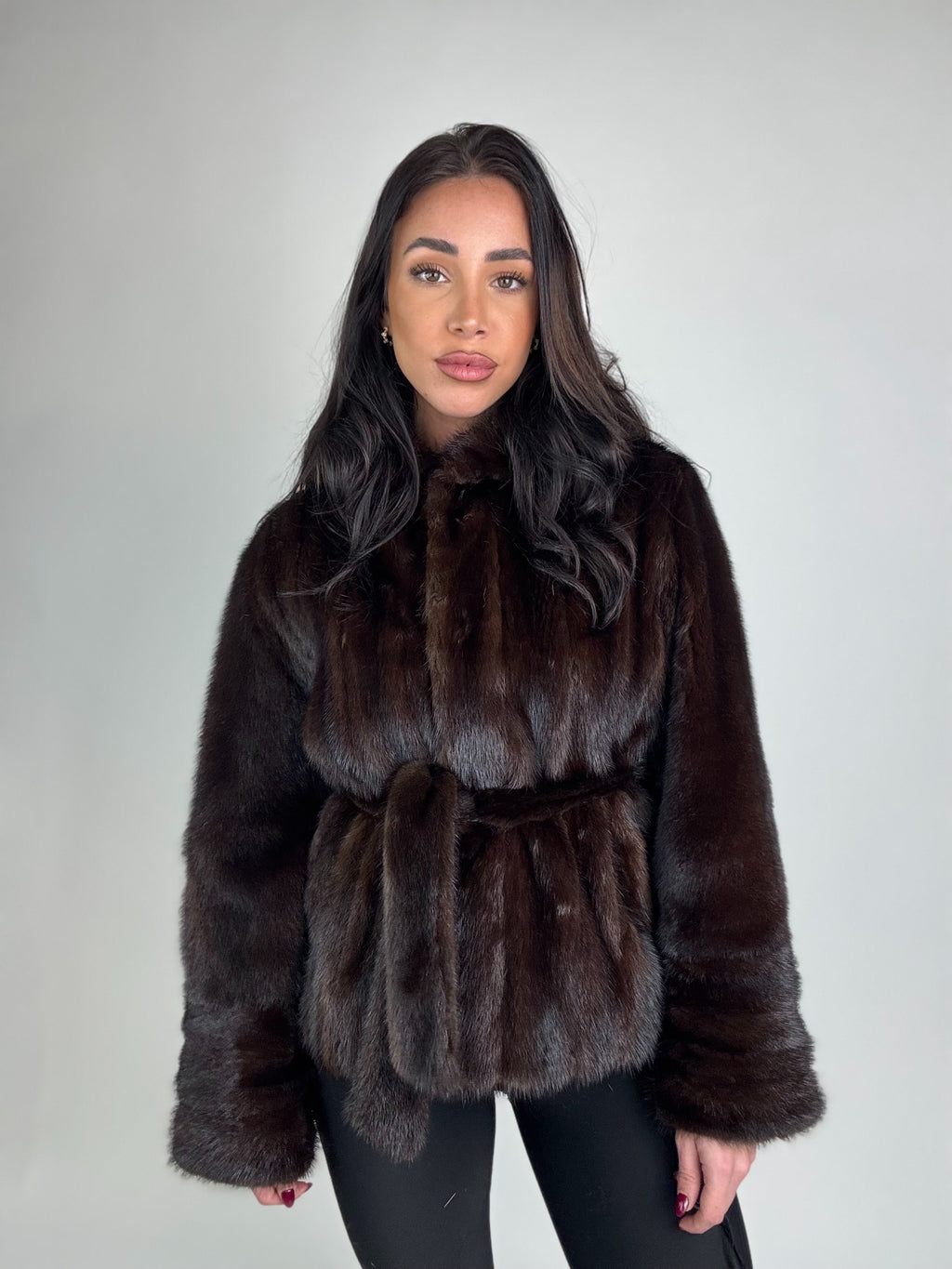 Mink jacket with belt and hood