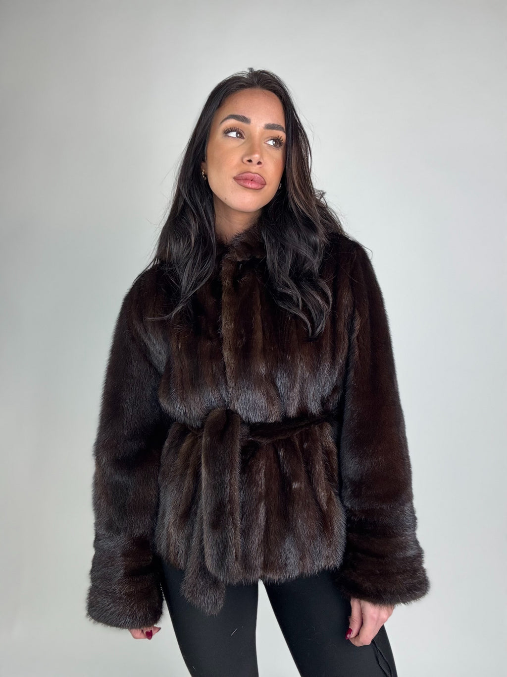 Mink jacket with belt and hood