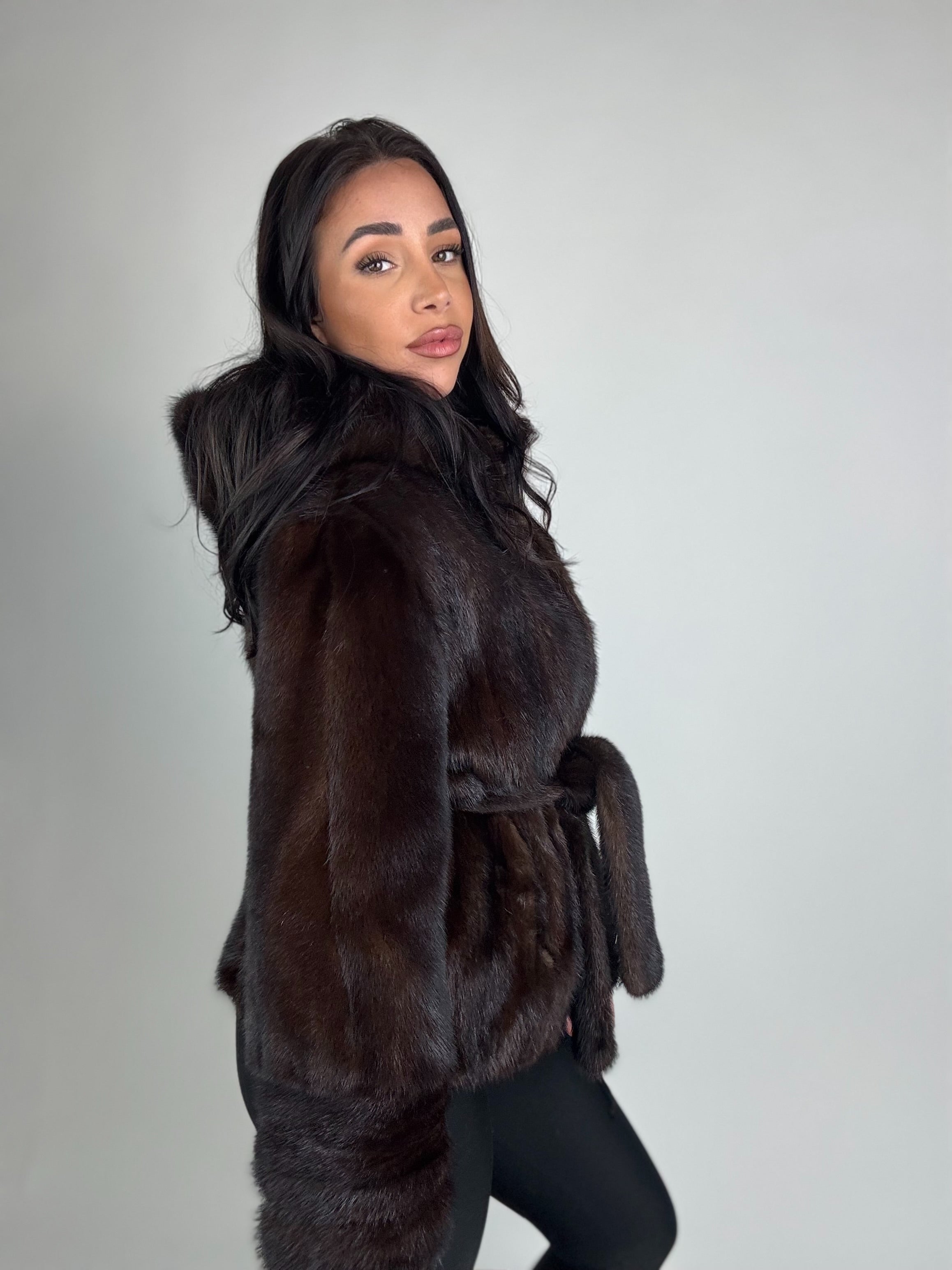 Mink jacket with belt and hood