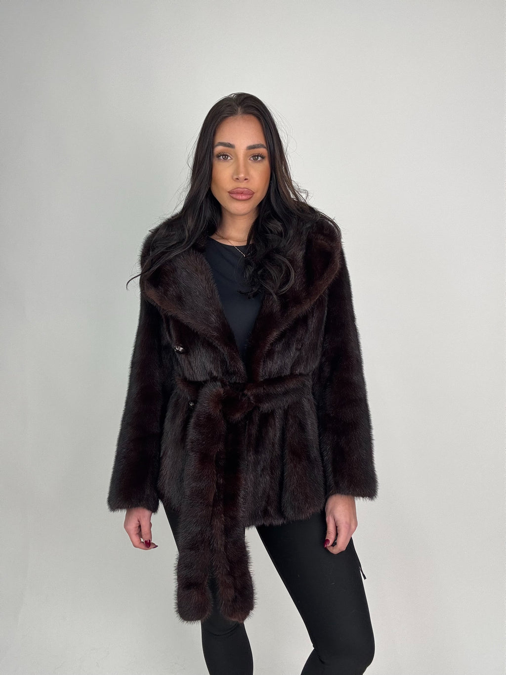 Mink jacket with belt and hood