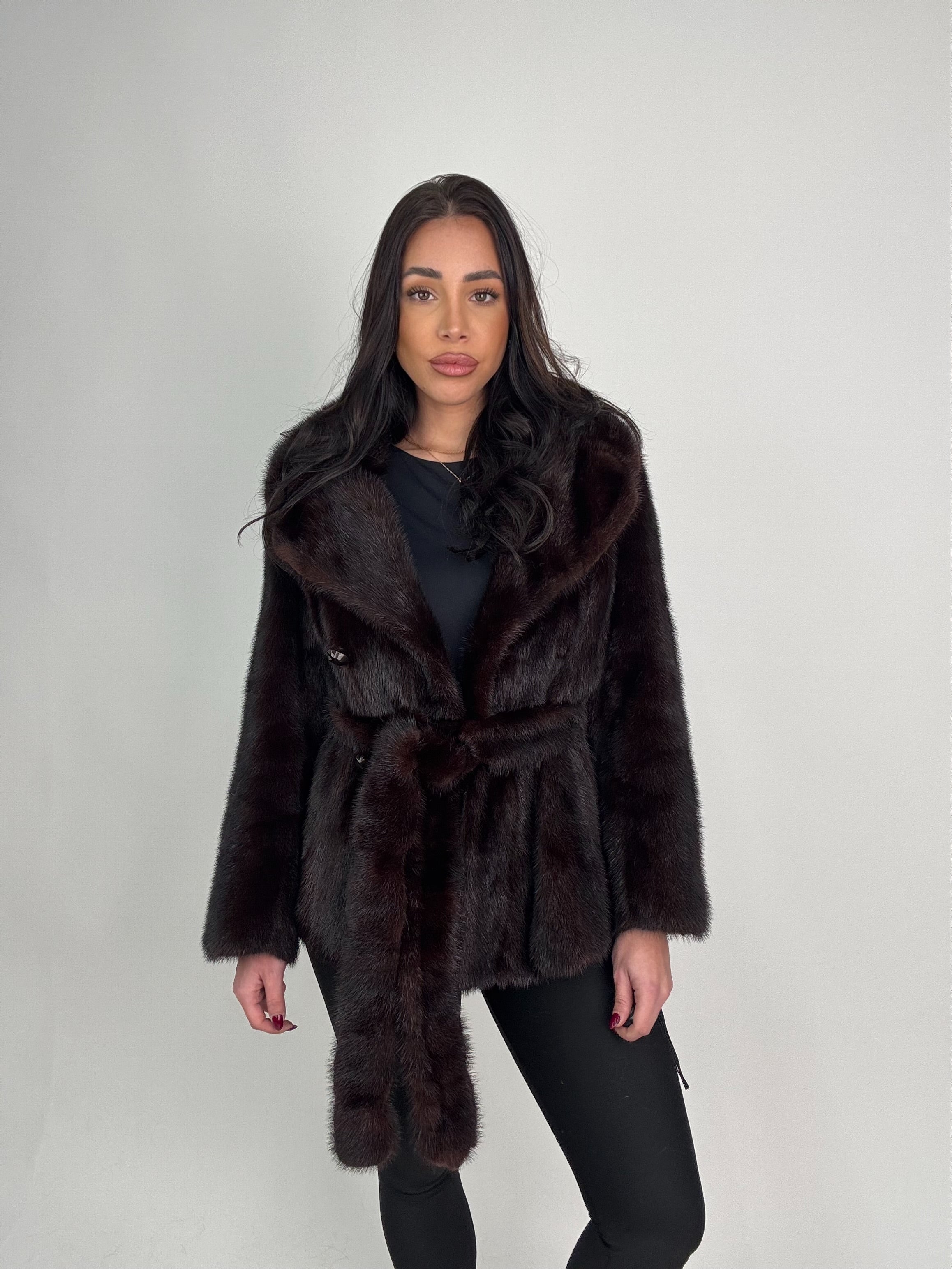 Mink jacket with belt and hood