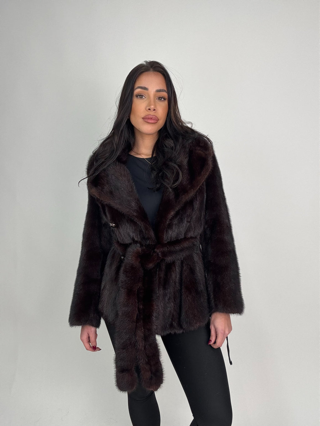 Mink jacket with belt and hood