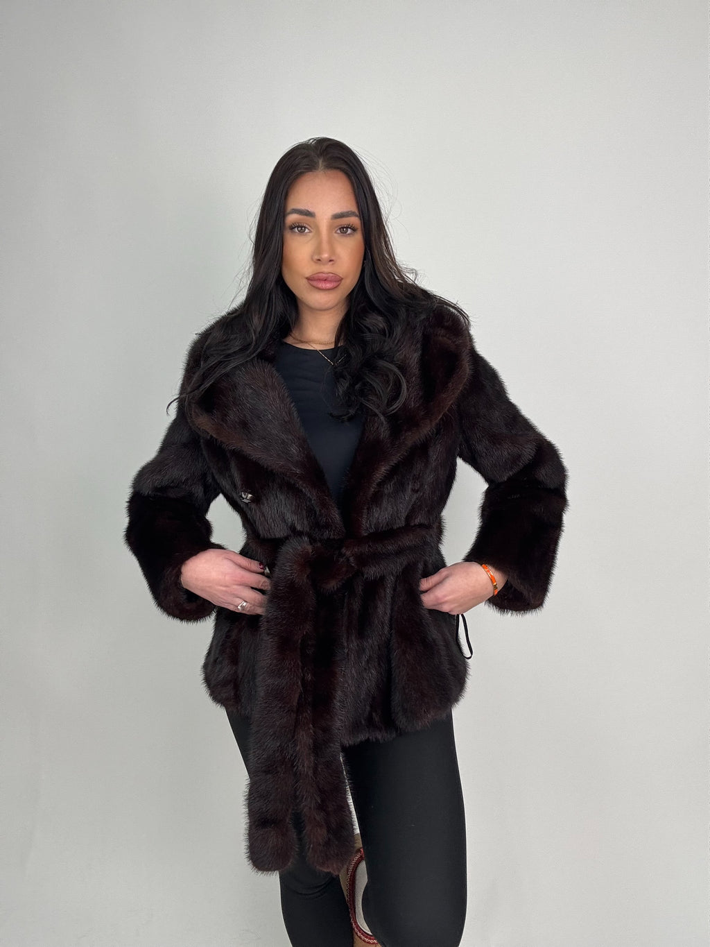 Mink jacket with belt and hood