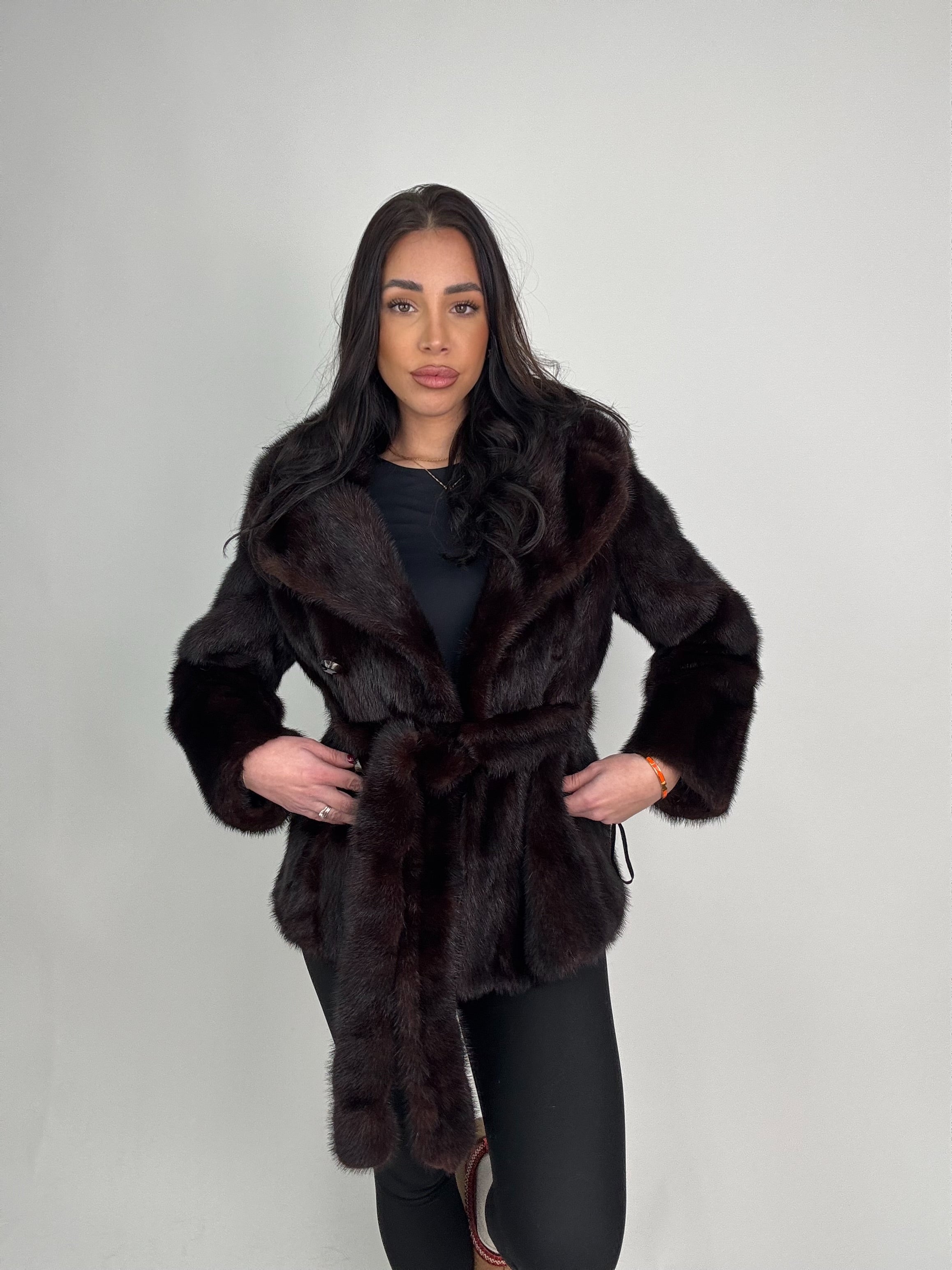 Mink jacket with belt and hood