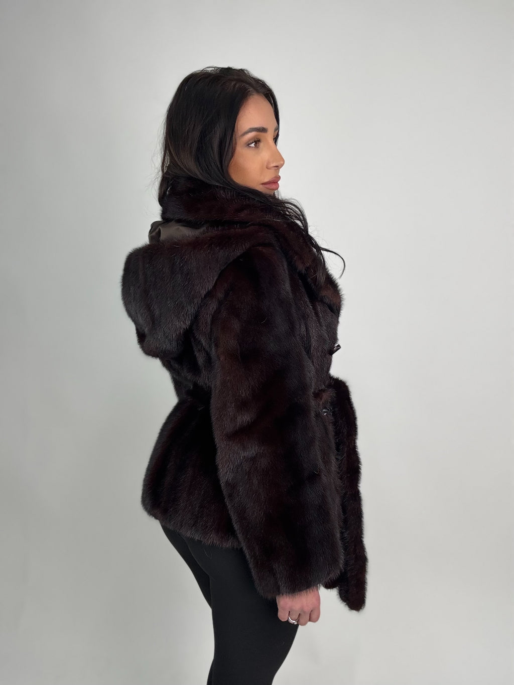 Mink jacket with belt and hood