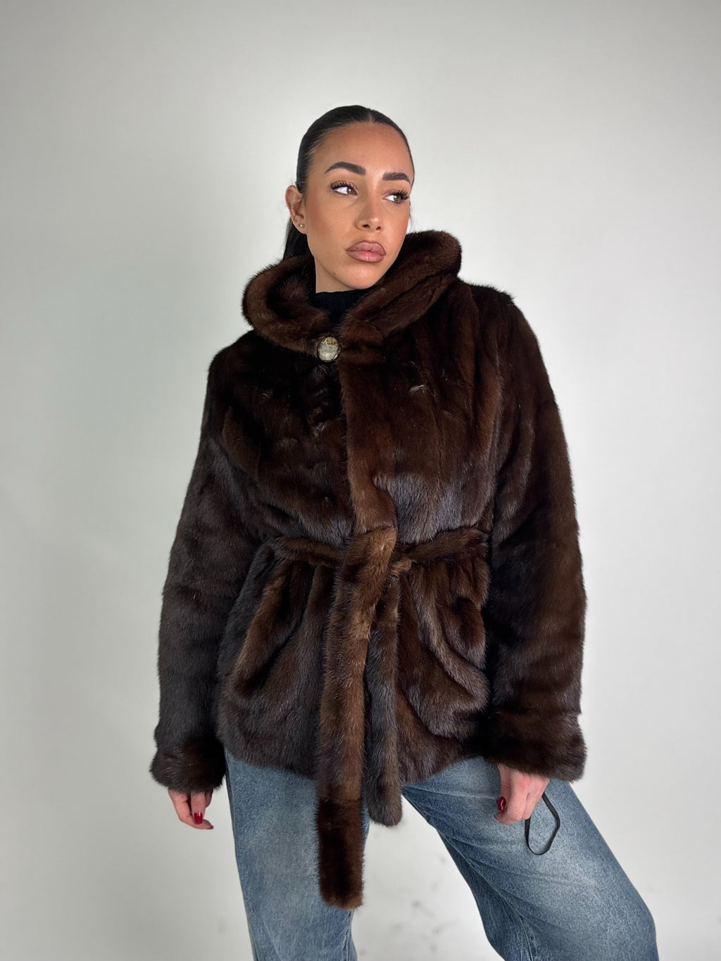 Mink jacket with belt and hood