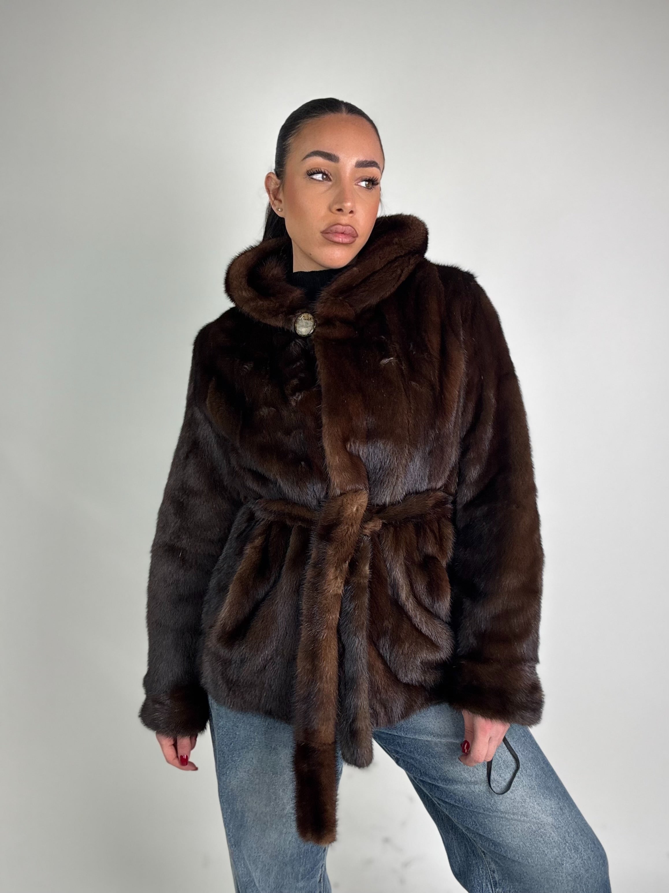 Mink jacket with belt and hood
