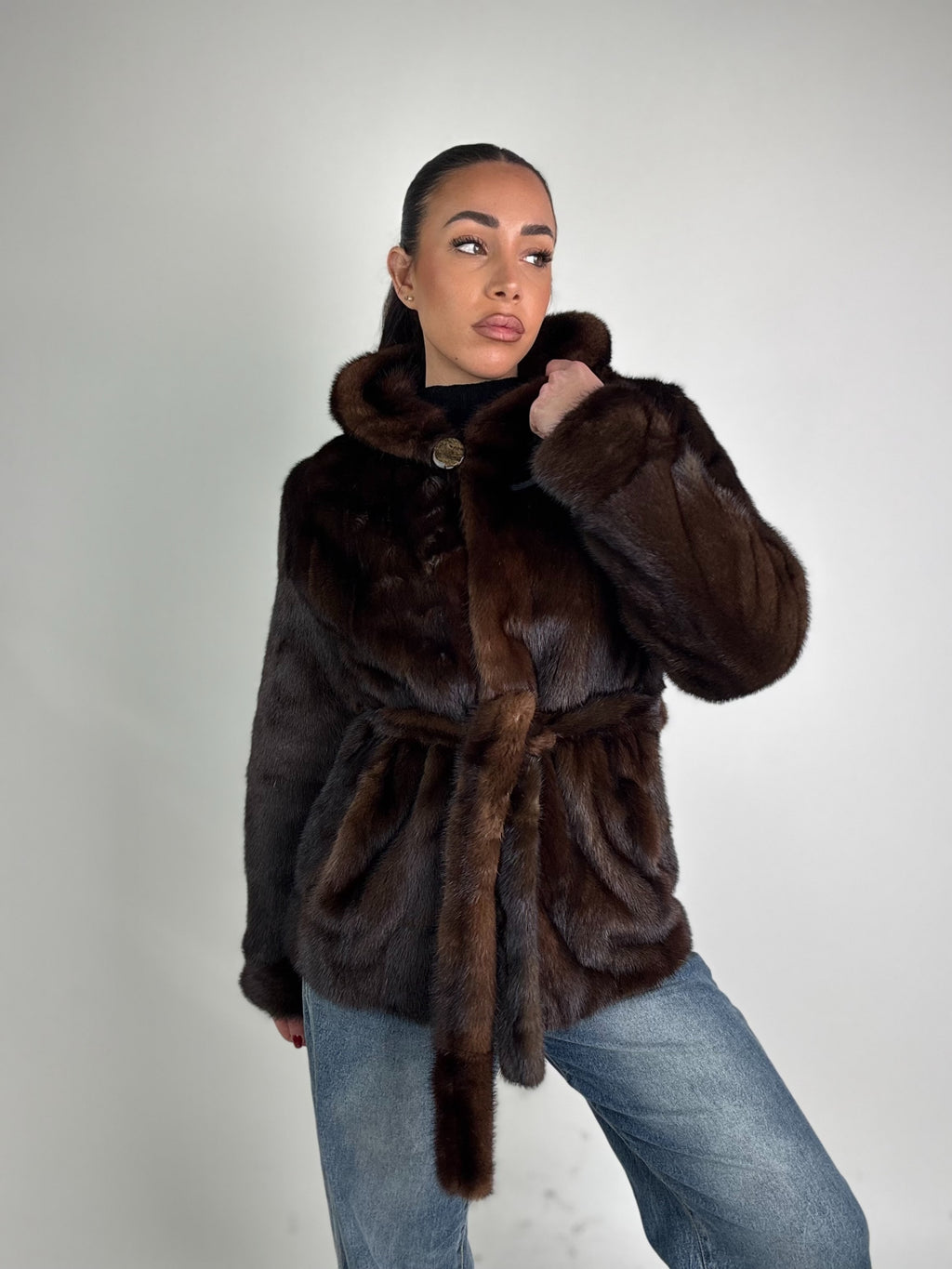 Mink jacket with belt and hood