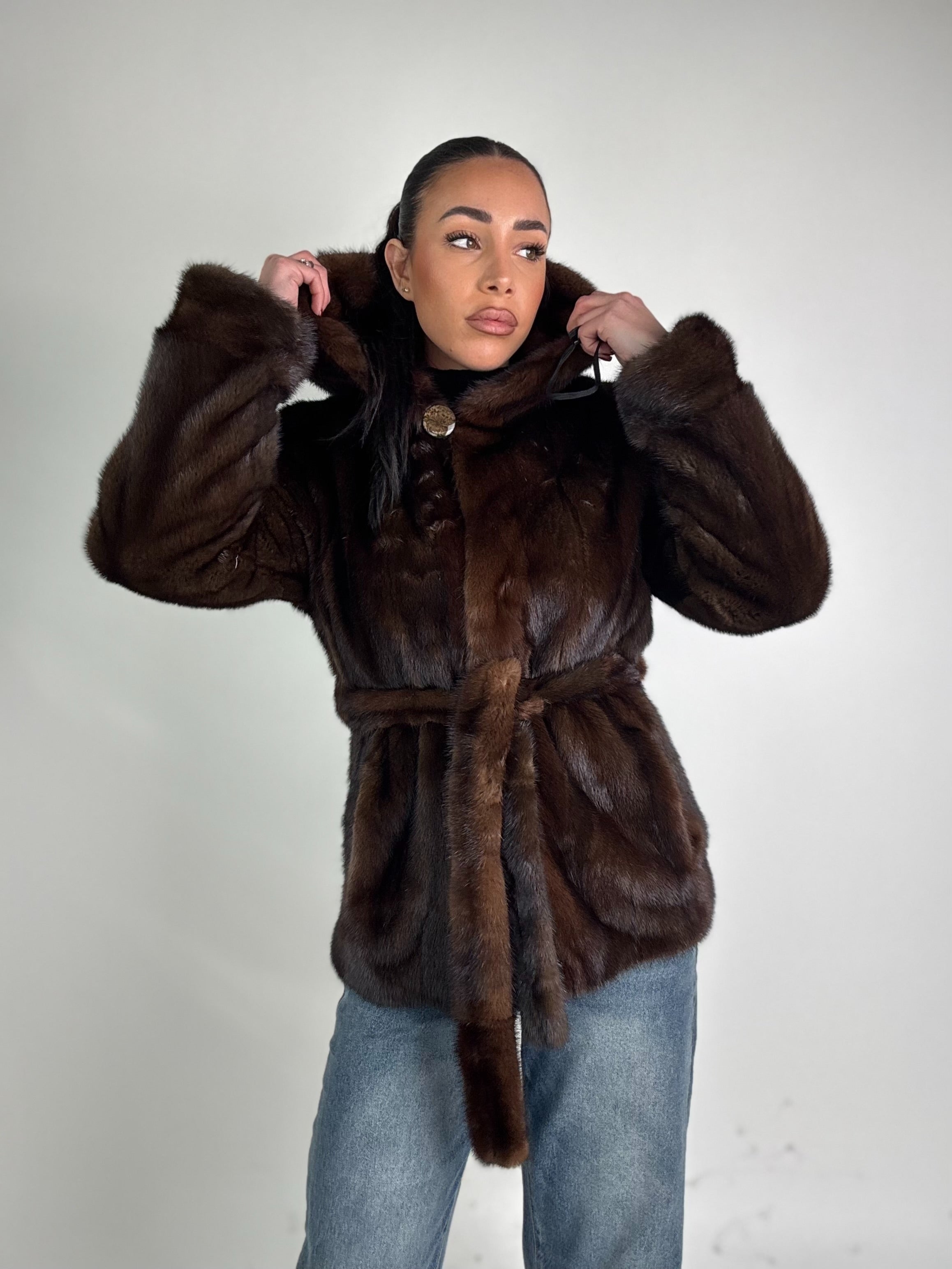 Mink jacket with belt and hood