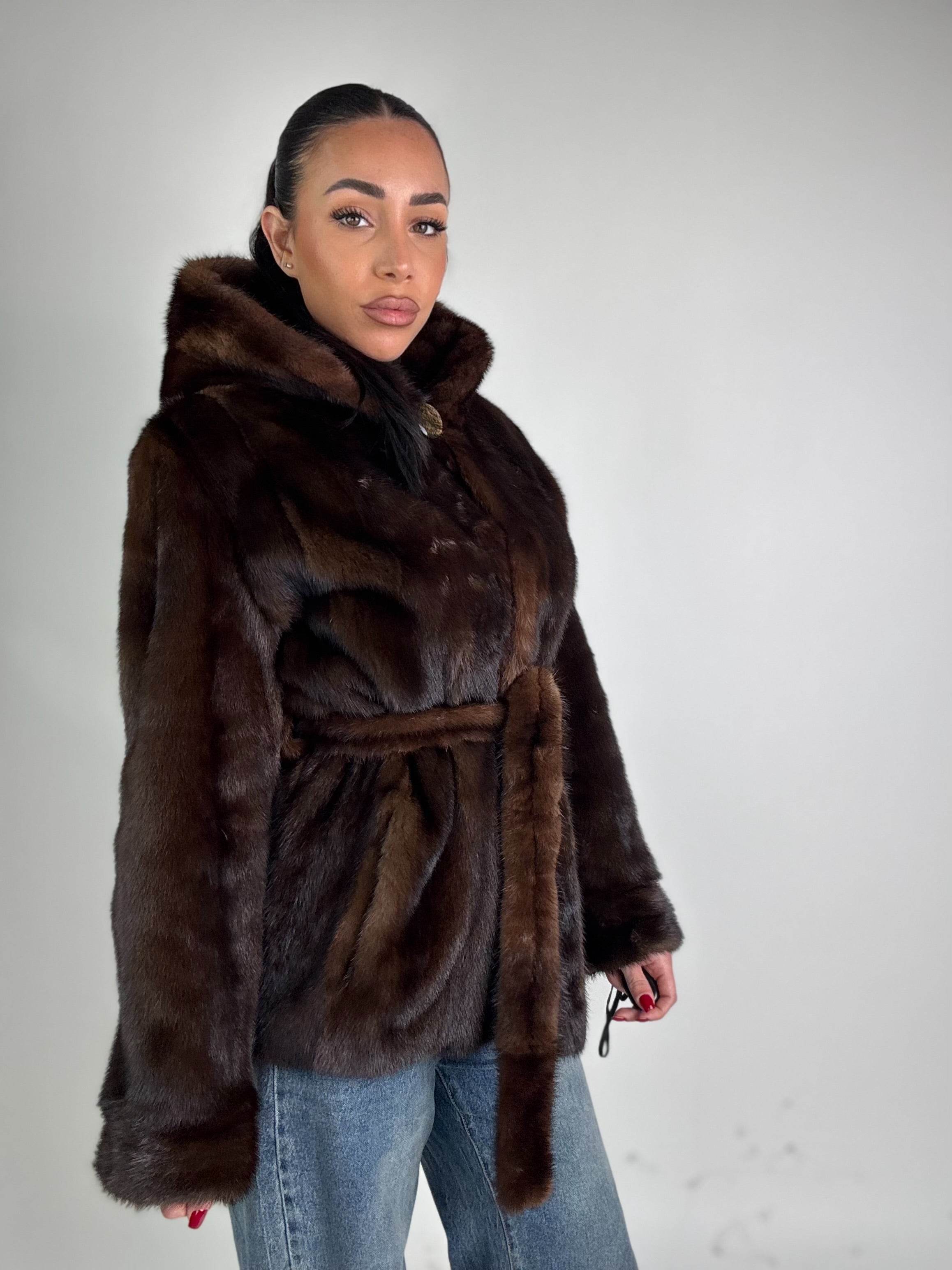 Mink jacket with belt and hood
