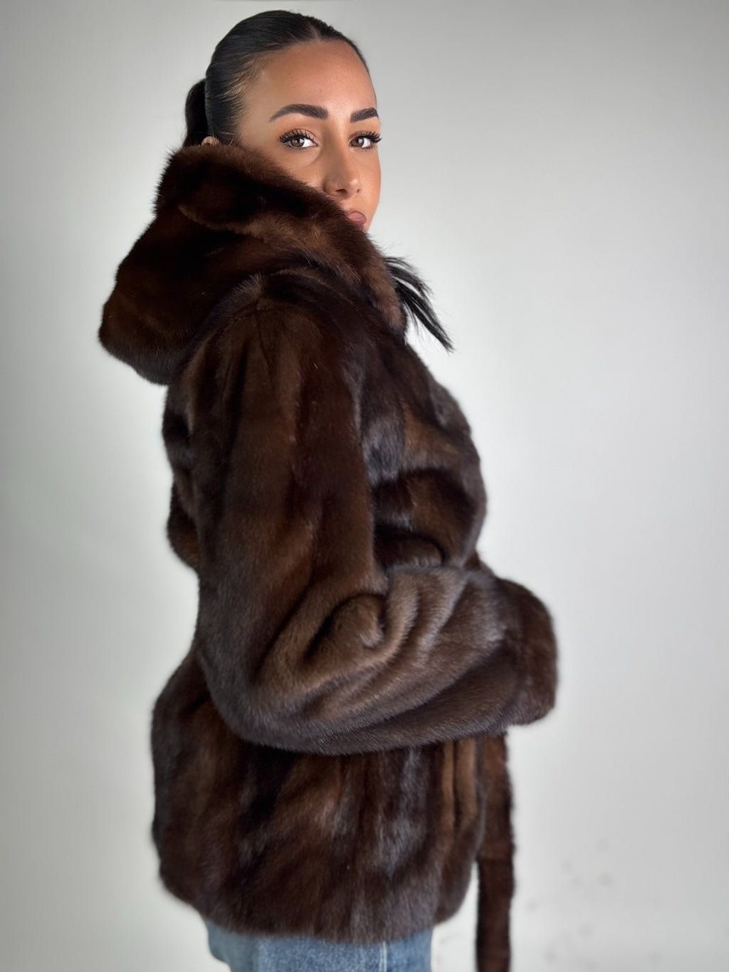Mink jacket with belt and hood