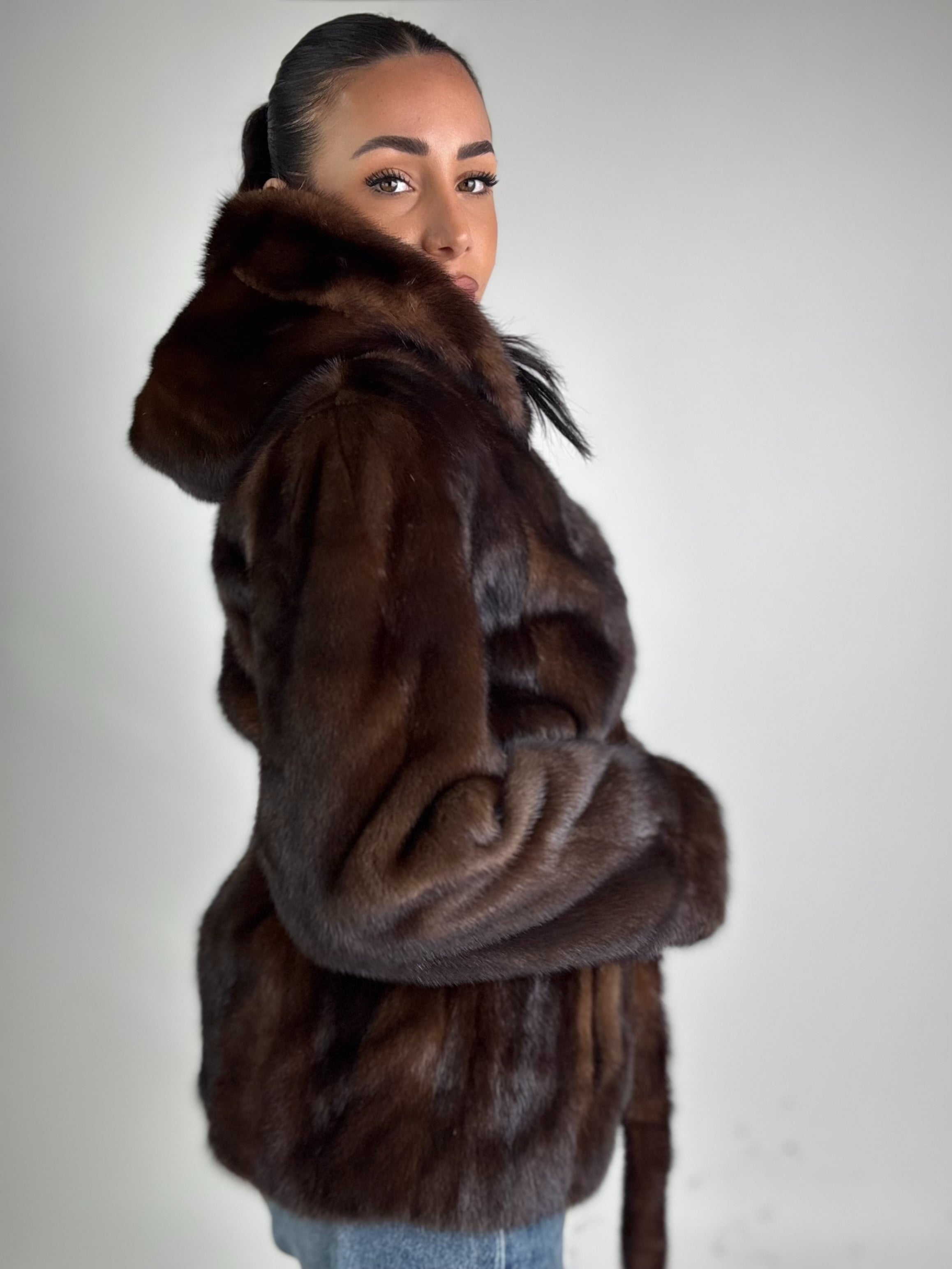 Mink jacket with belt and hood