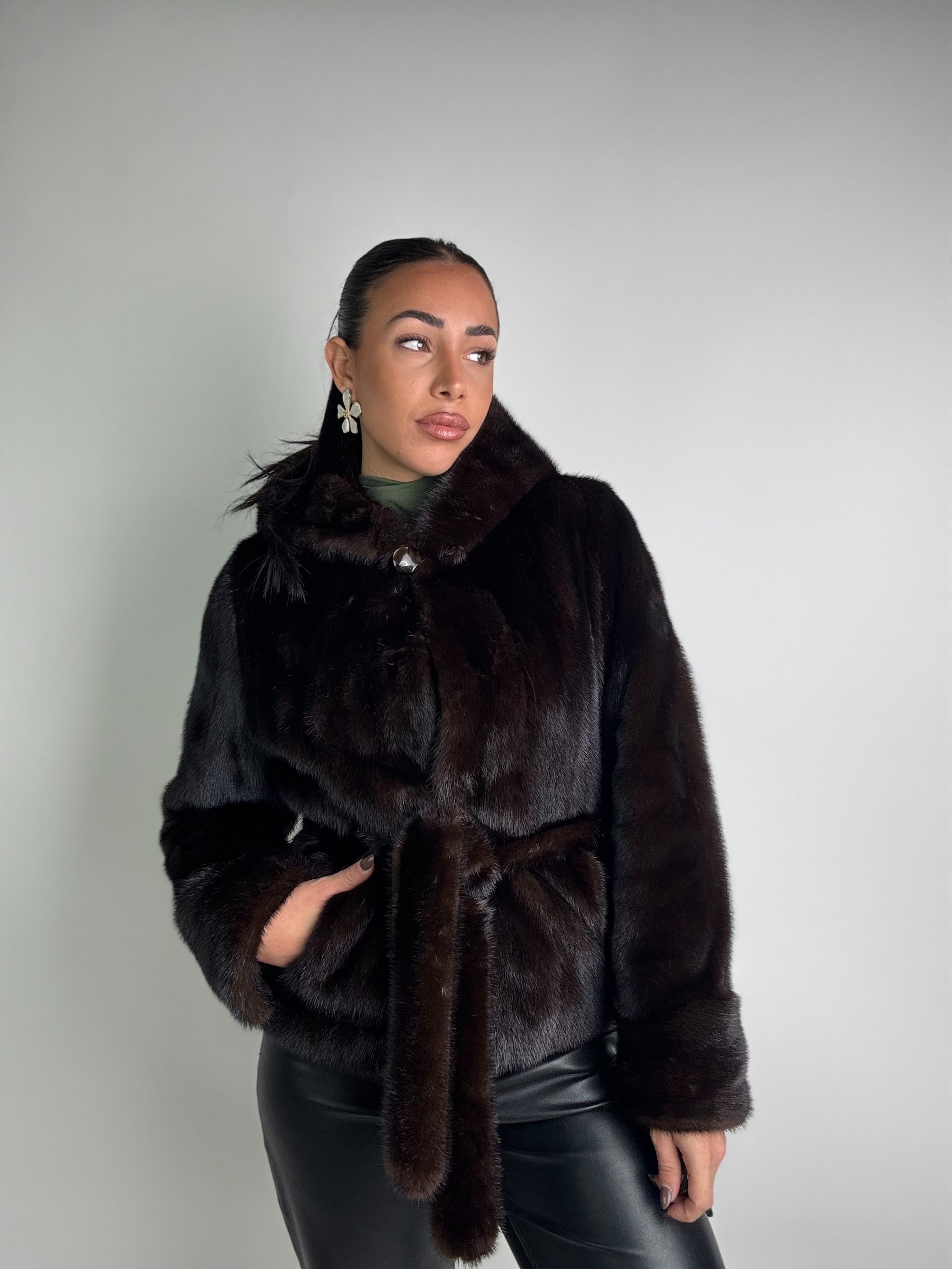 Giacca in visone cintura e cappuccio N127