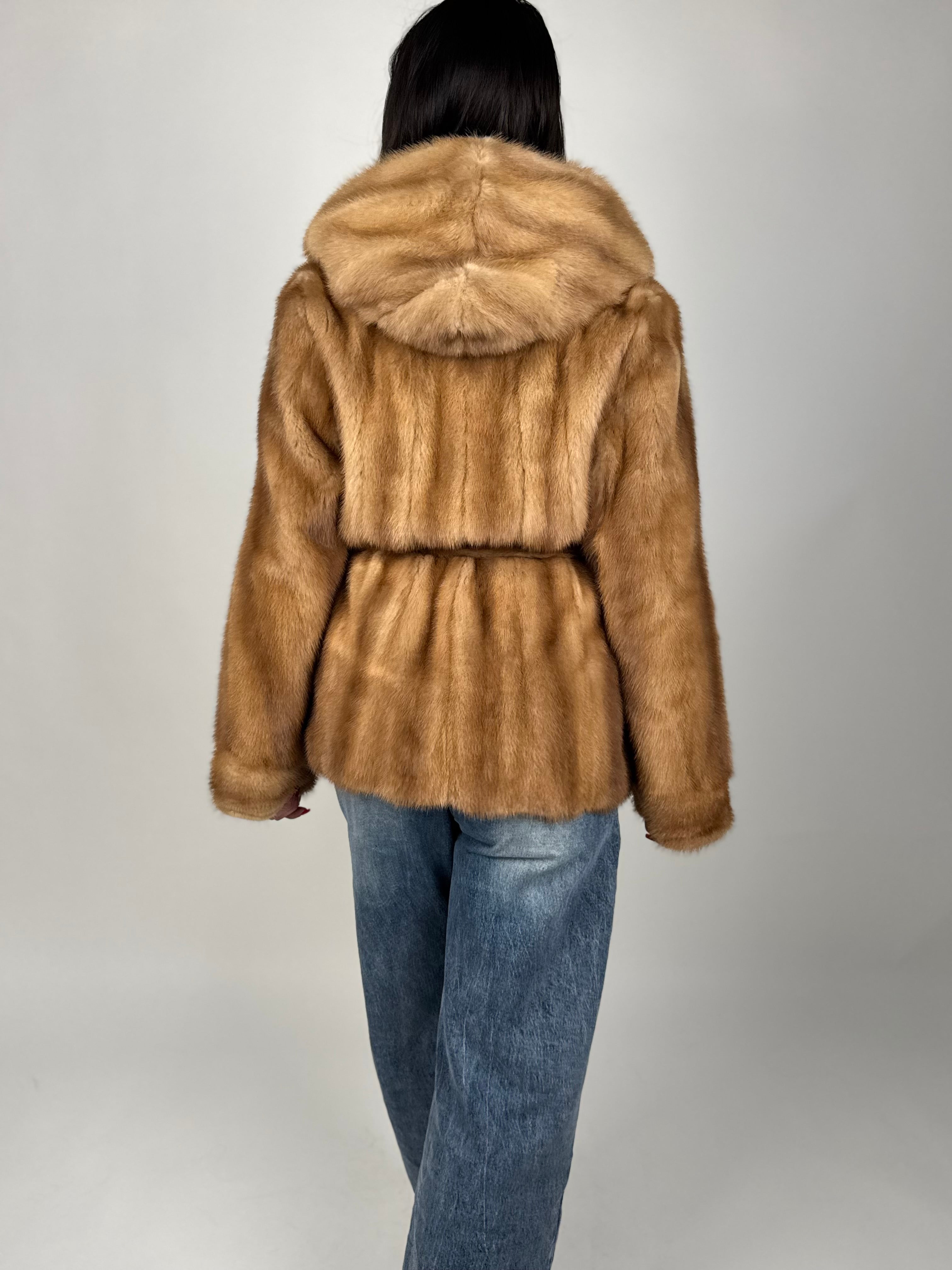 Mink jacket with belt and hood