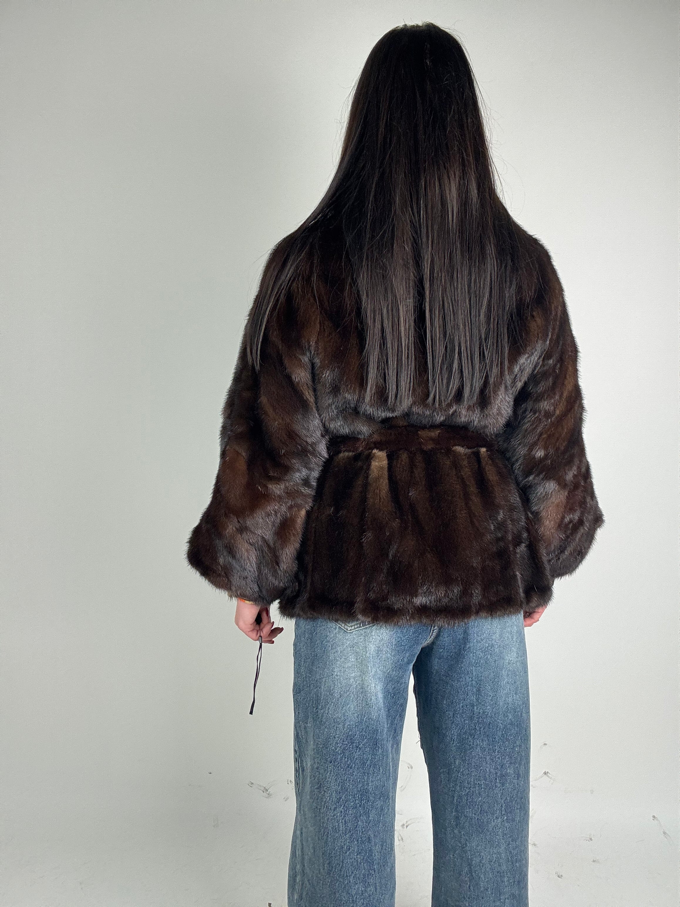 Mink jacket with belt and hood