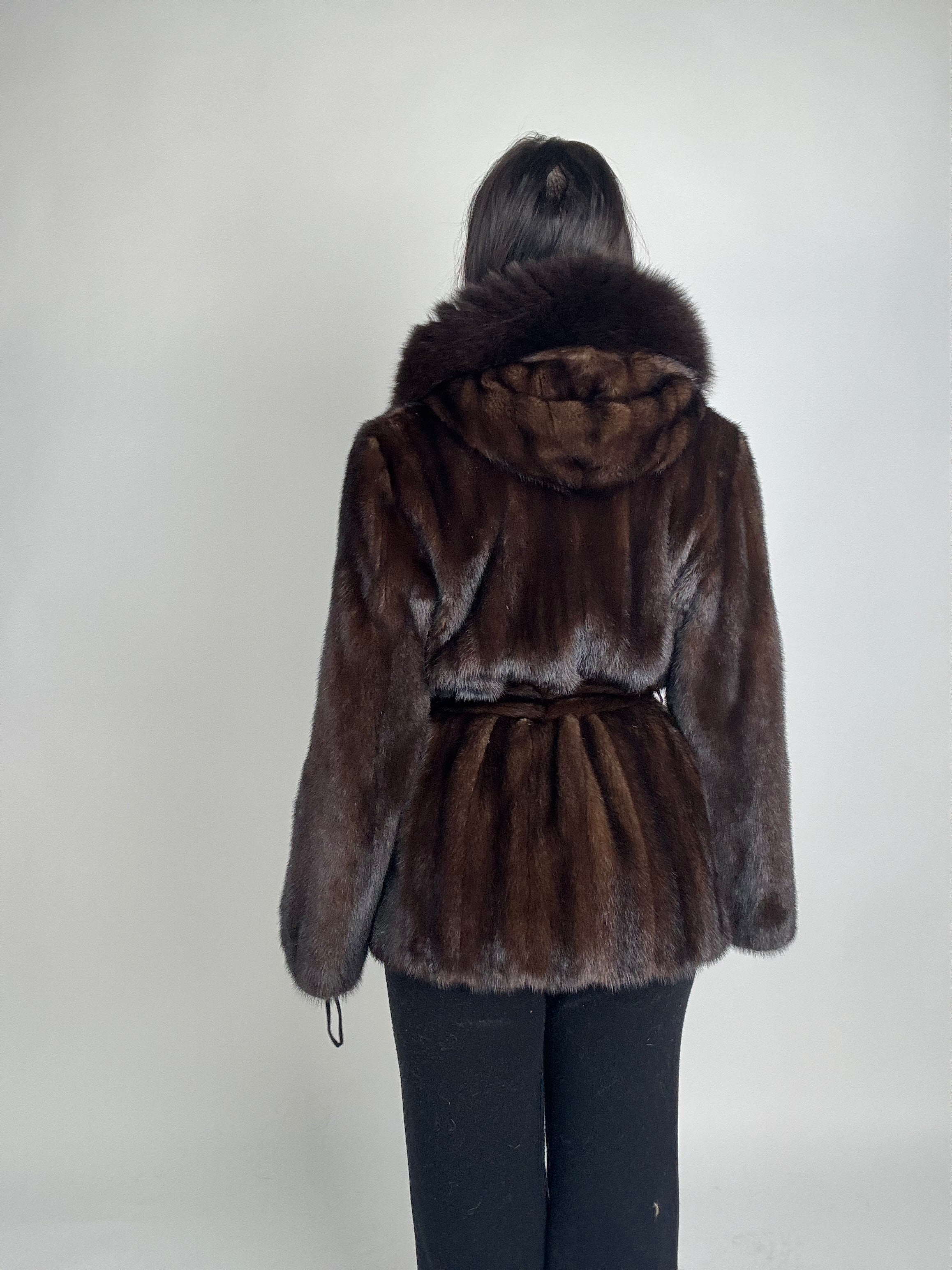 Mink jacket with belt and hood