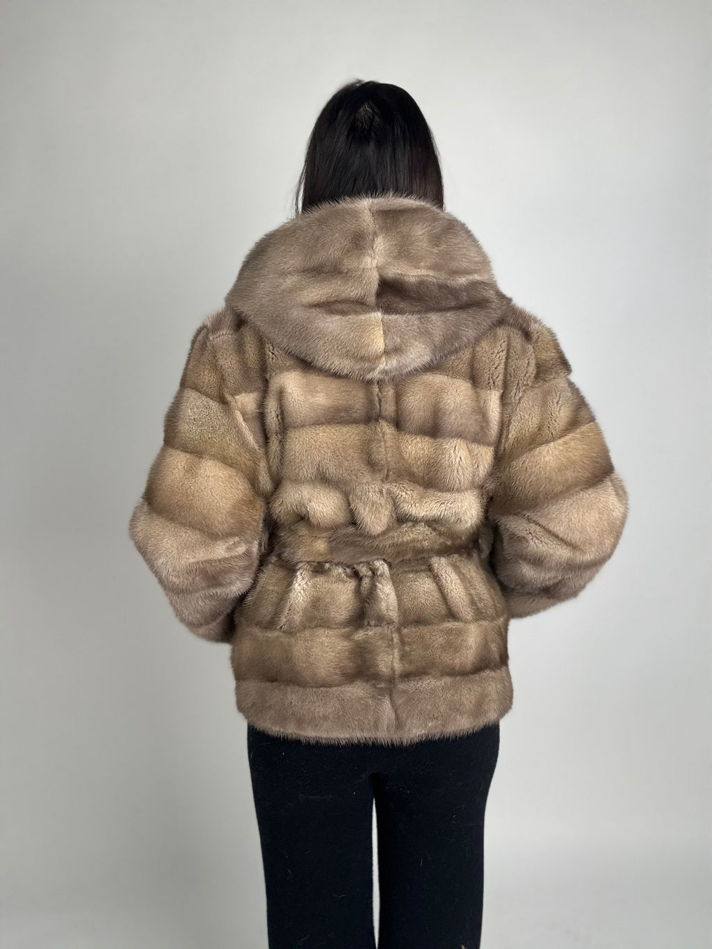 Mink jacket with belt and hood