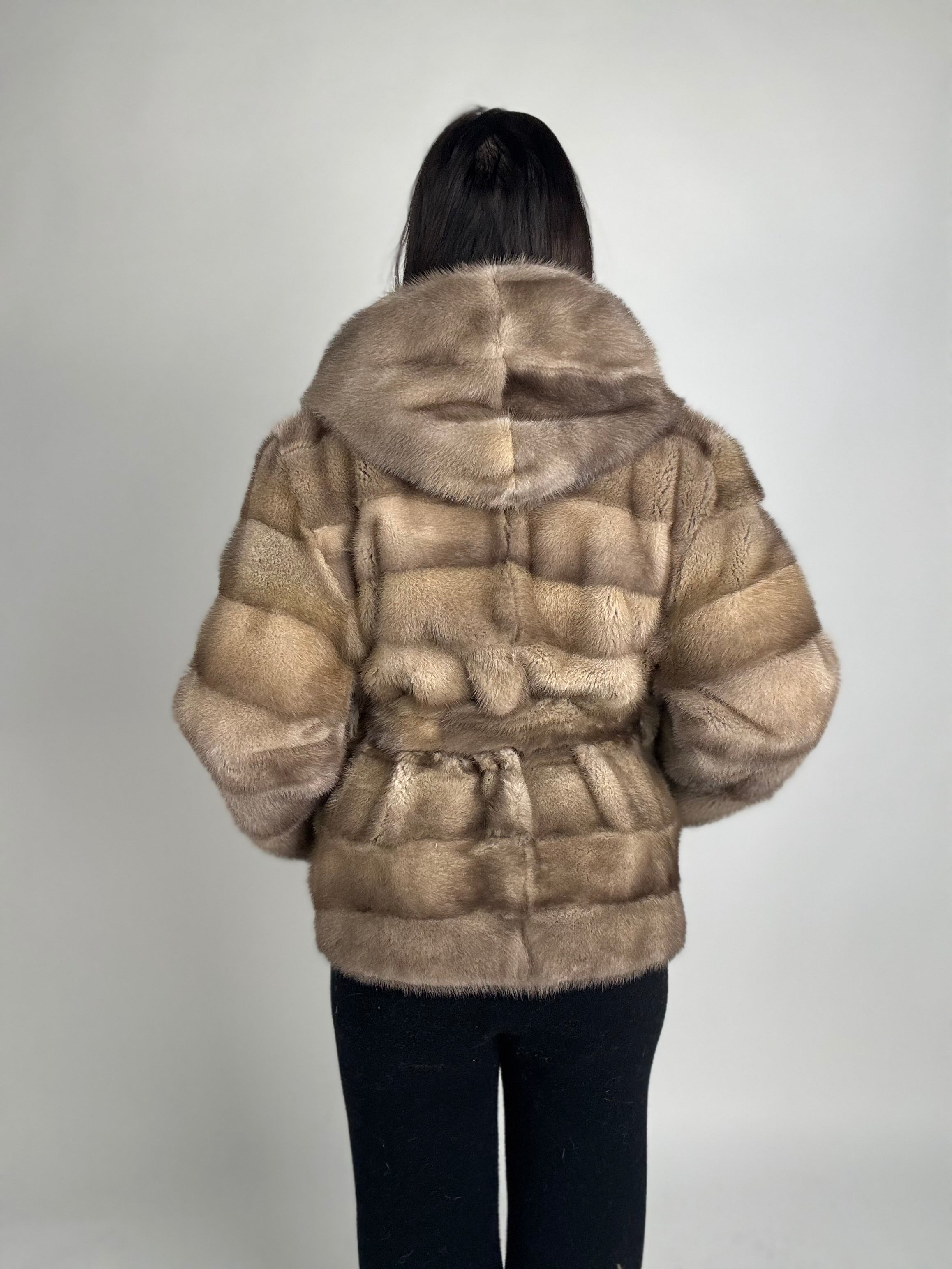 Mink jacket with belt and hood