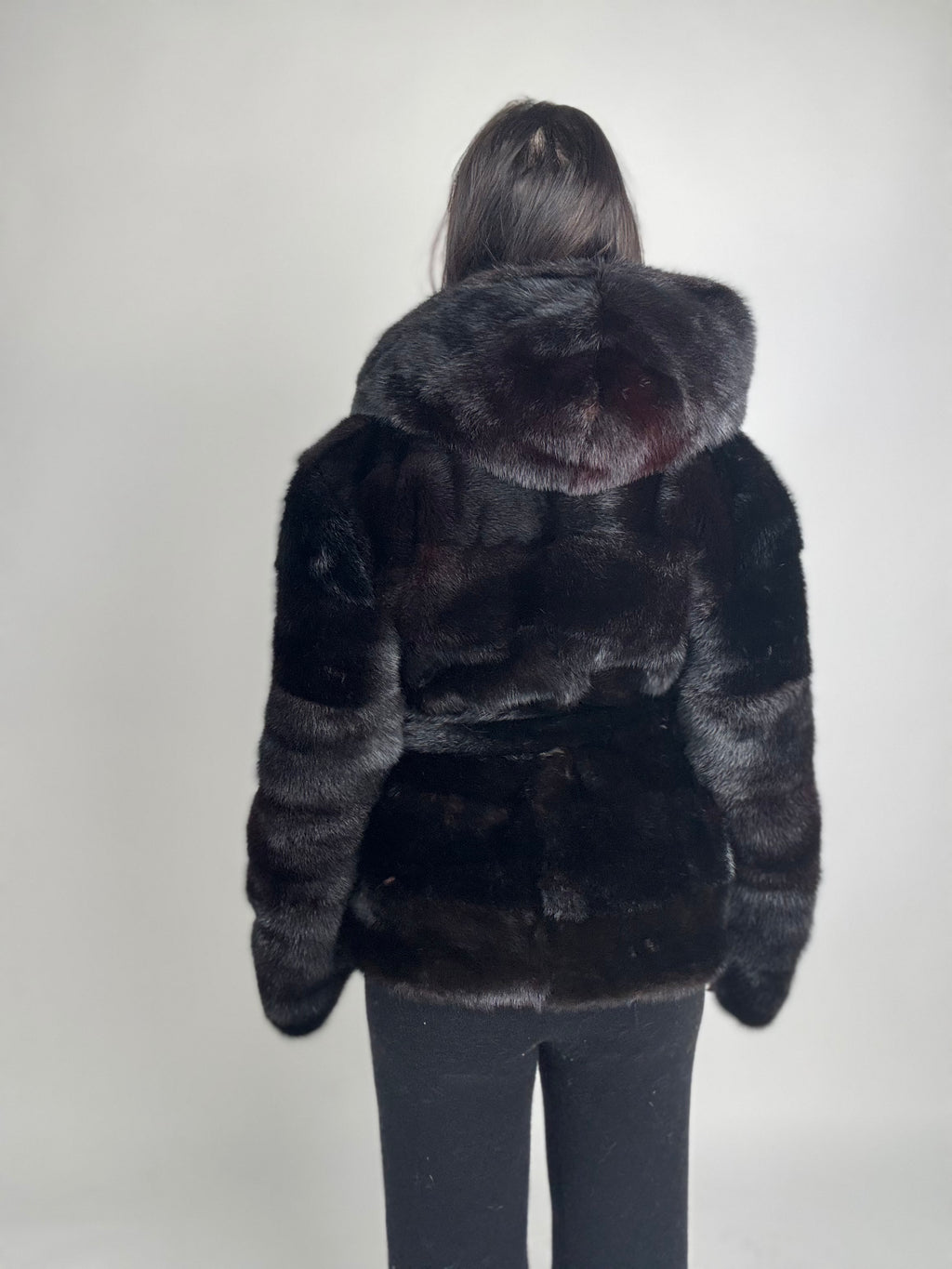 Mink jacket with belt and hood