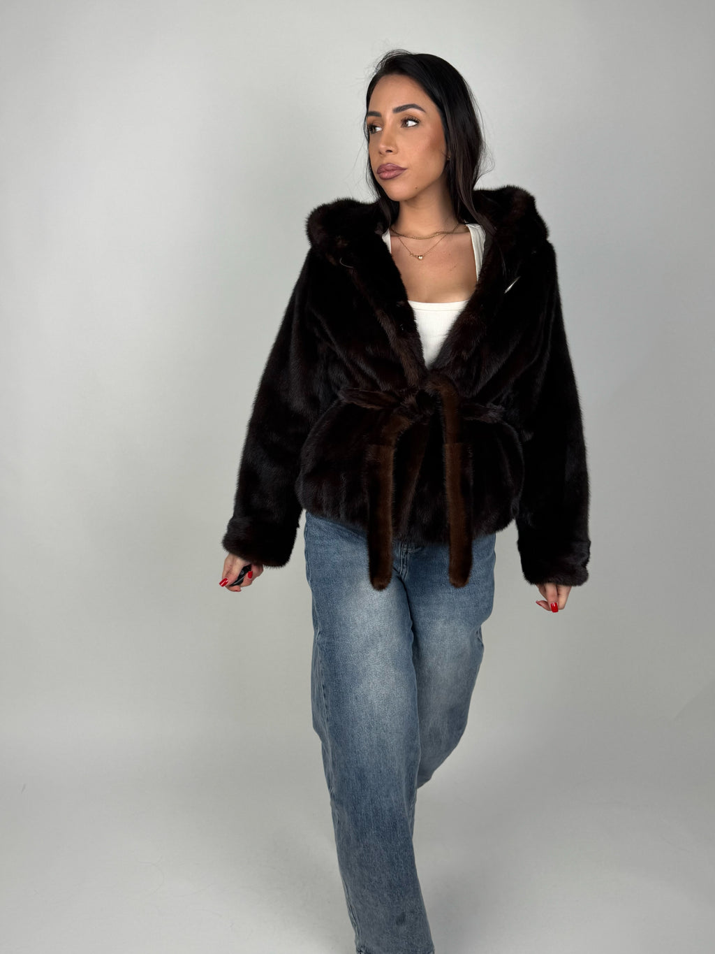 Mink jacket with belt and hood