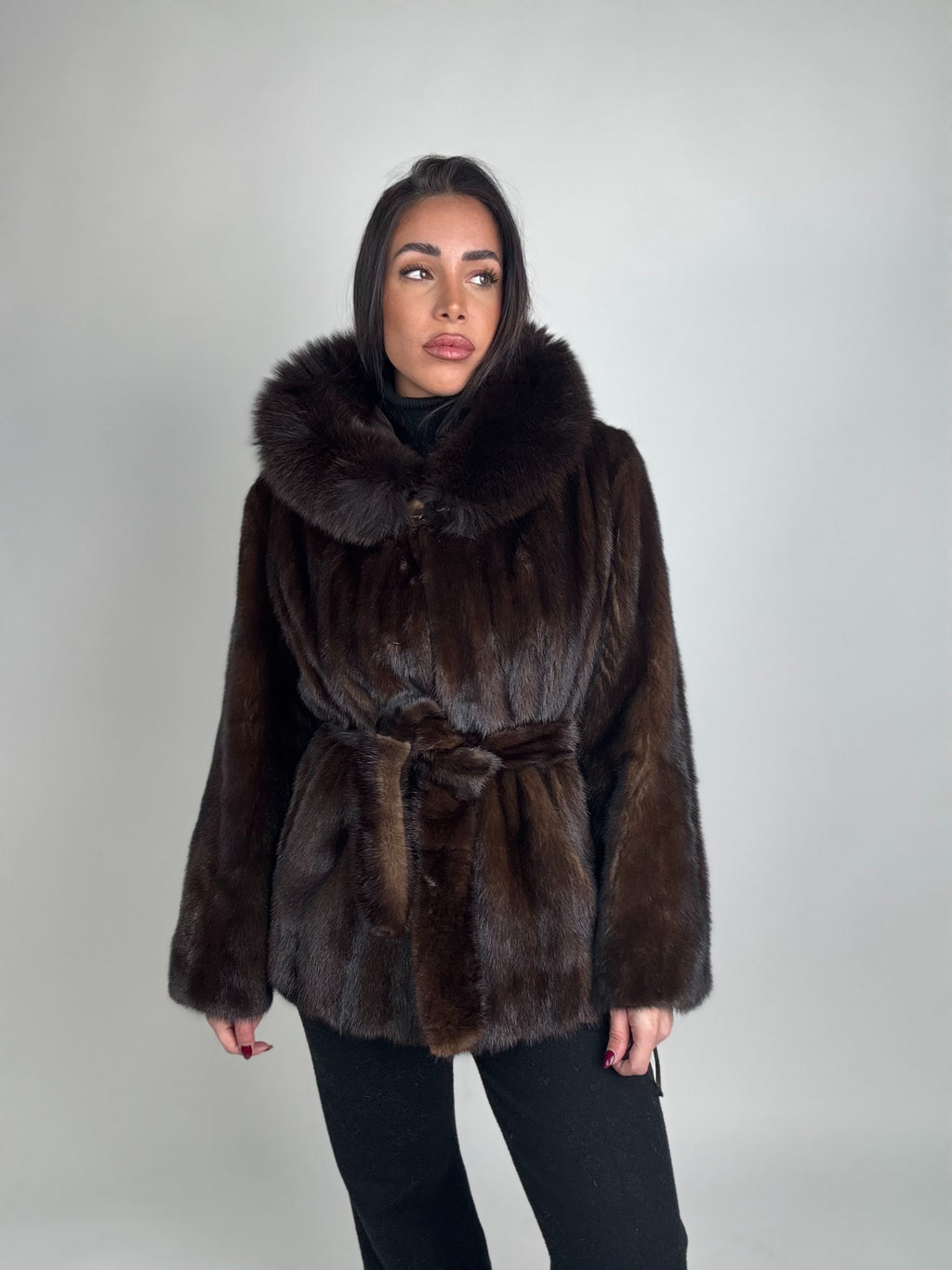 Mink jacket with belt and hood