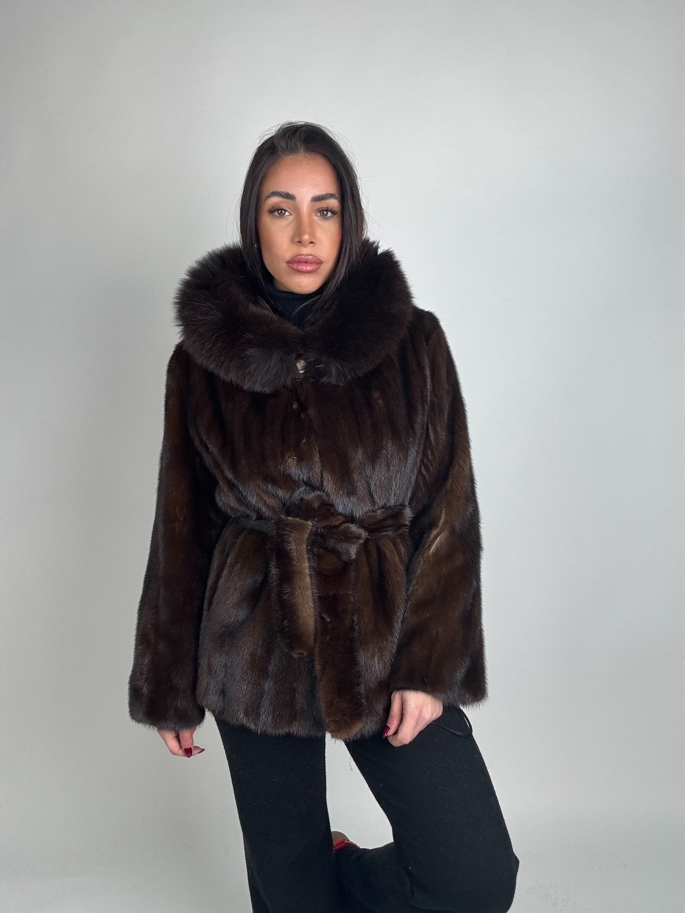 Mink jacket with belt and hood