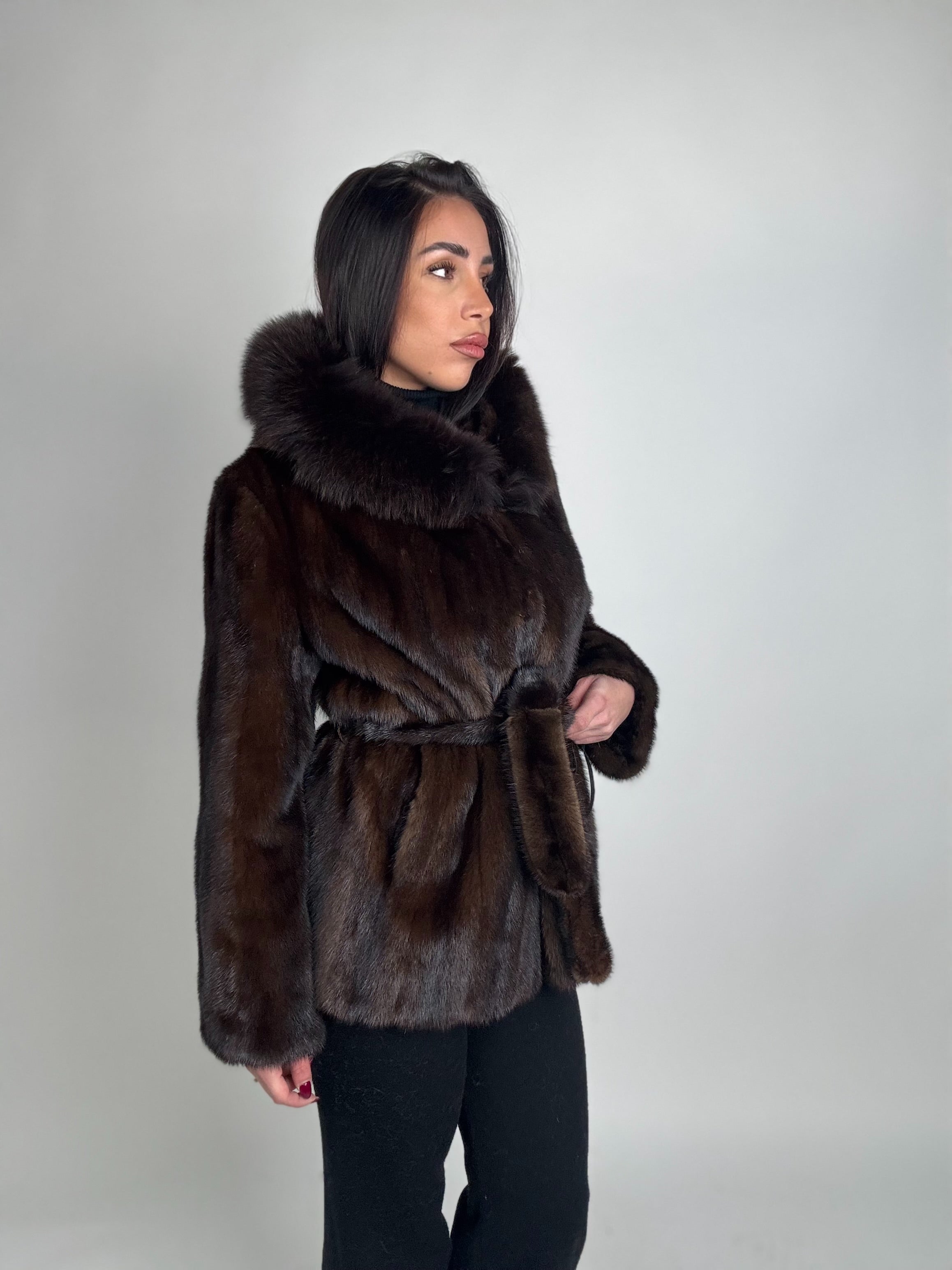 Mink jacket with belt and hood