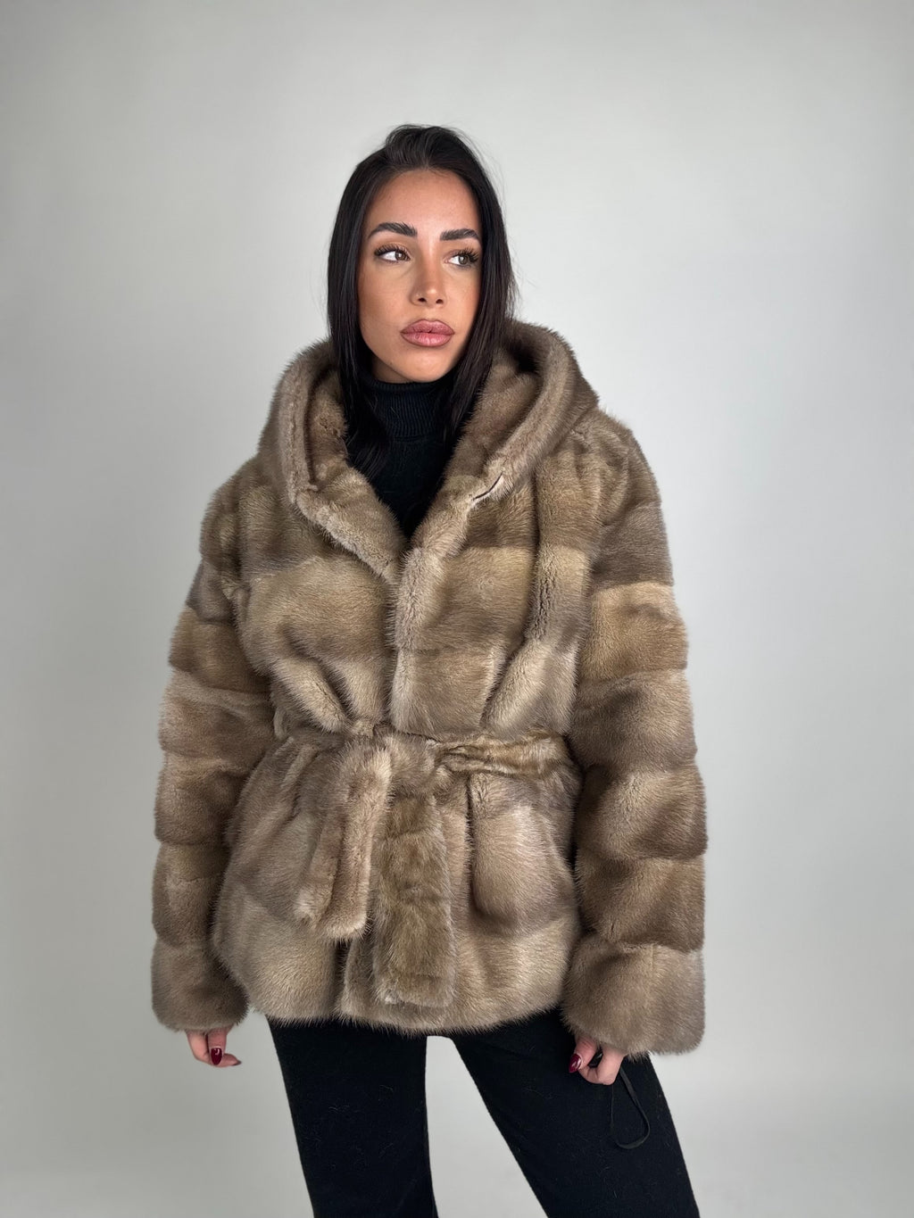 Mink jacket with belt and hood
