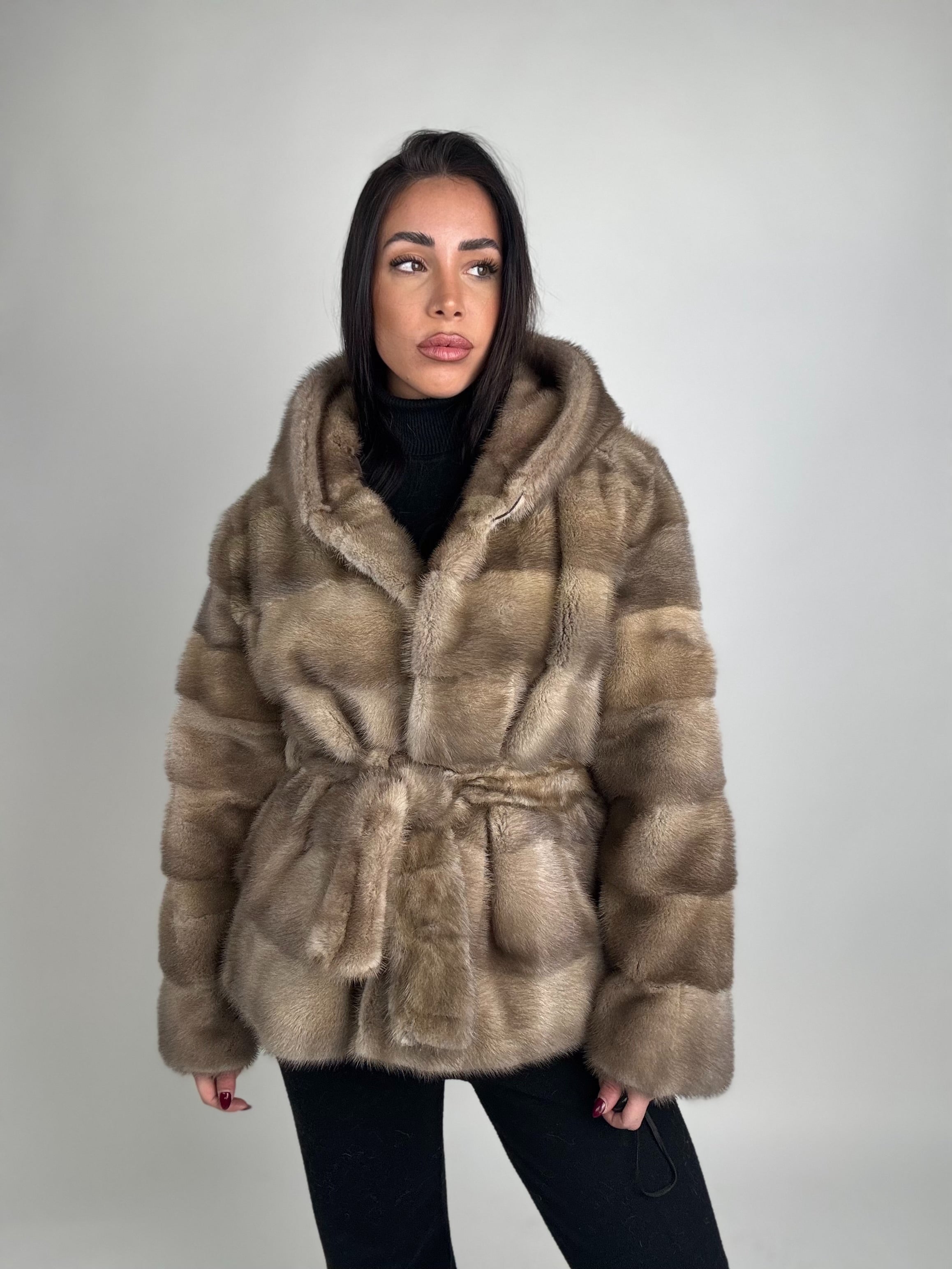 Mink jacket with belt and hood