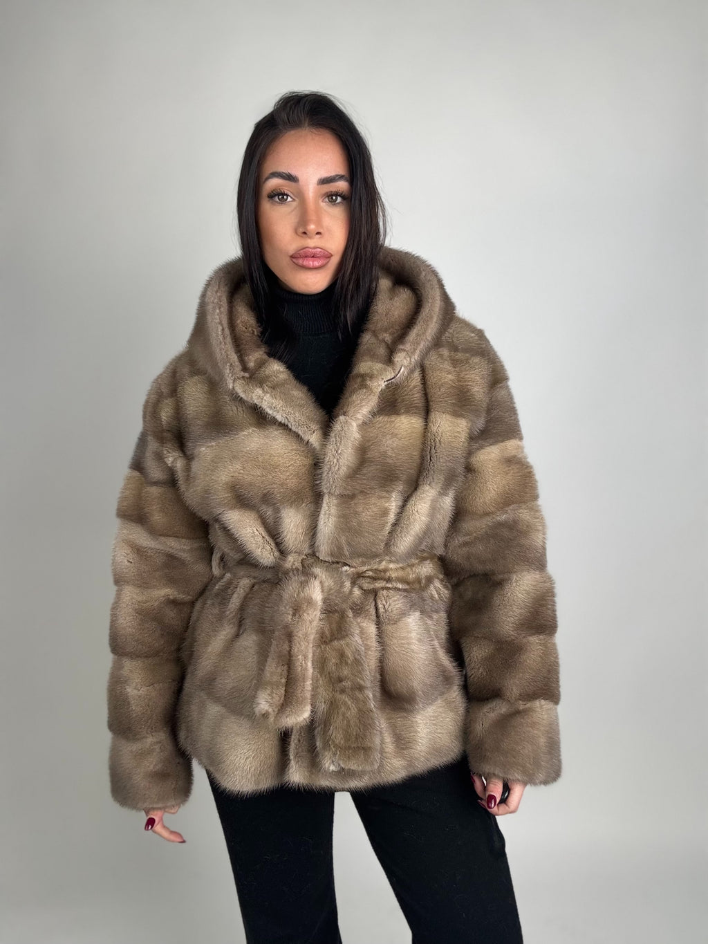 Mink jacket with belt and hood